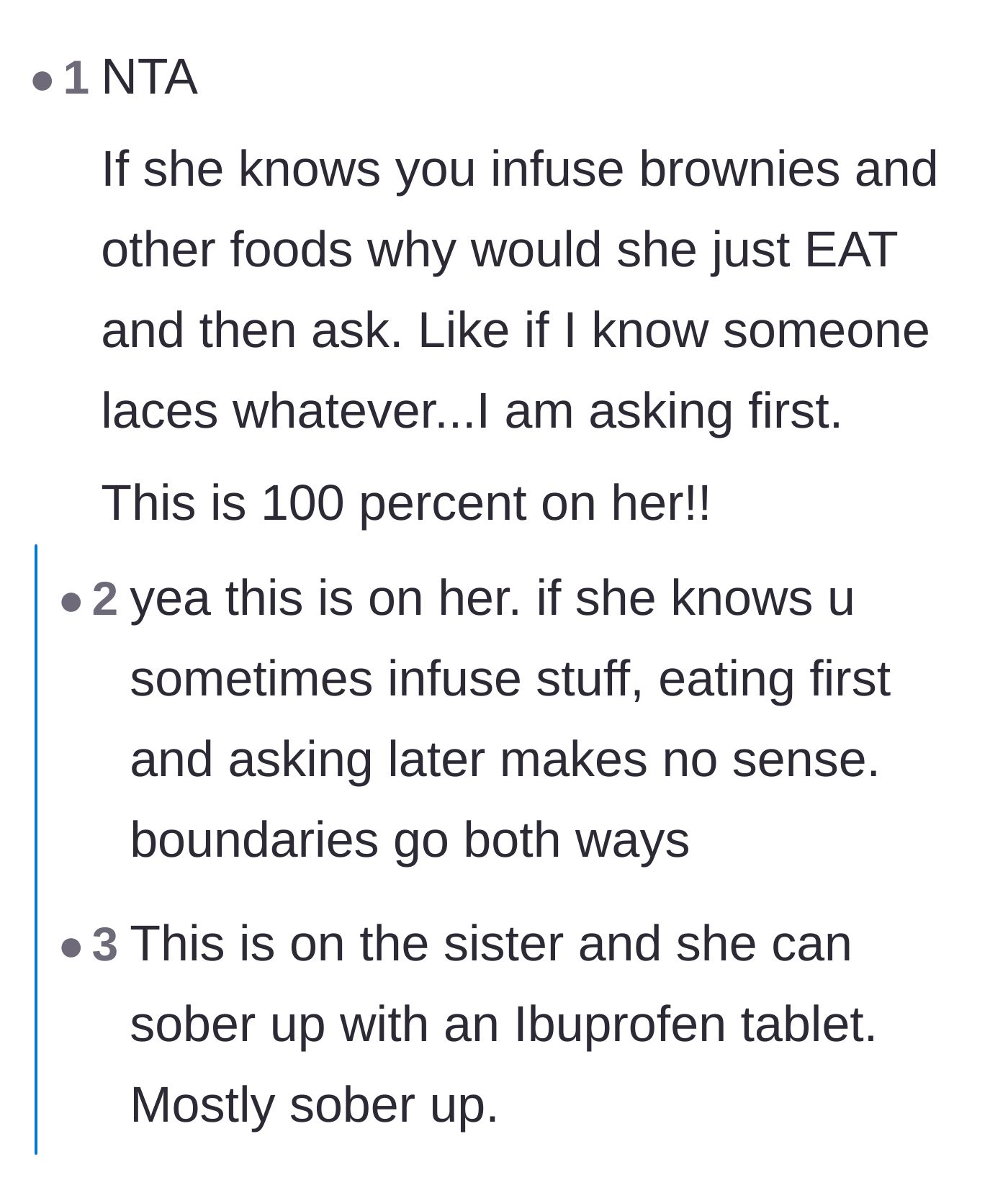 Comment thread 1 - Discussion about the sister's lack of logic in eating first when she knows the baker makes infused treats.