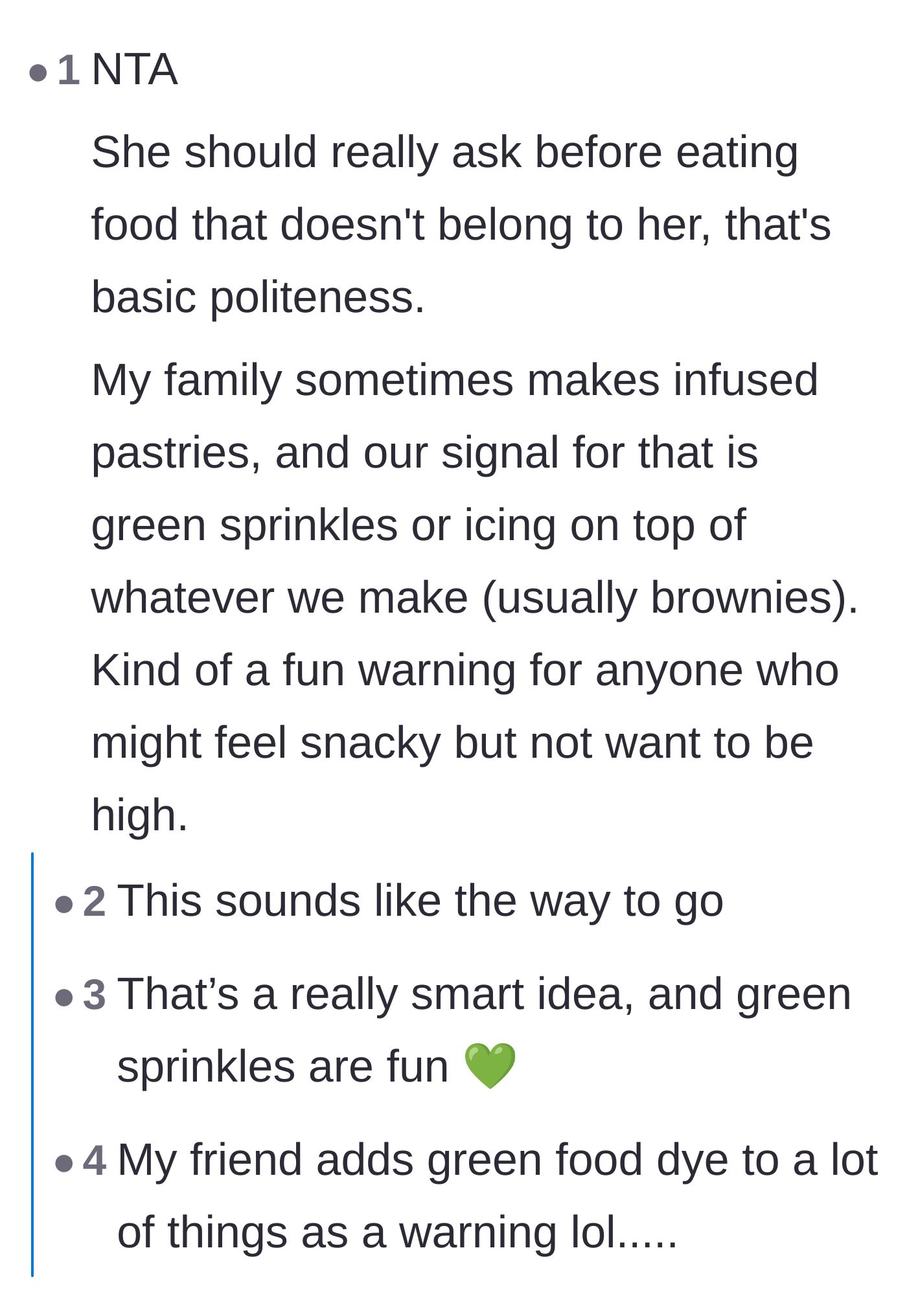 Comment thread 2 - A user suggesting a visual warning system like green sprinkles for infused baked goods.