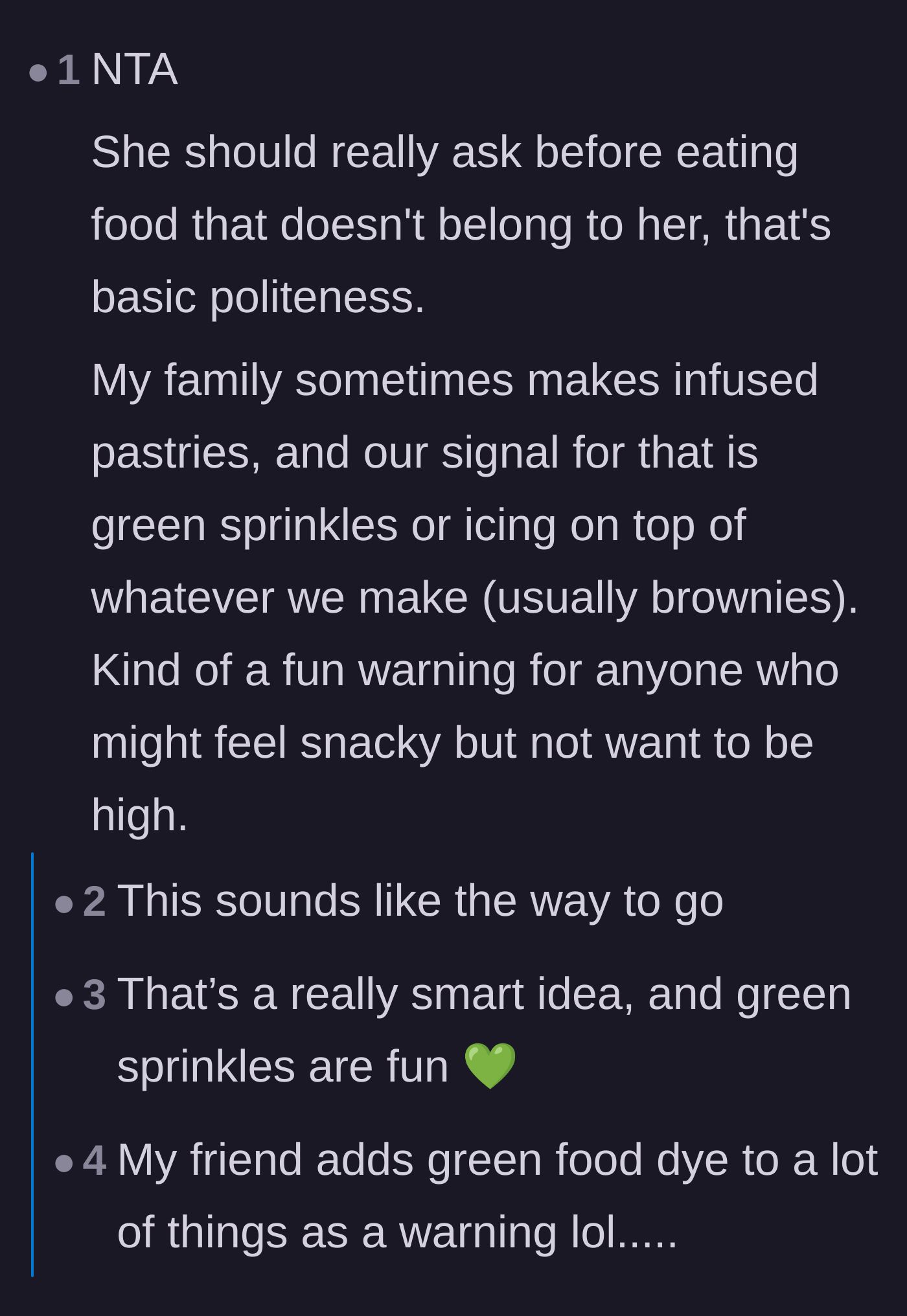 Comment thread 2 - A user suggesting a visual warning system like green sprinkles for infused baked goods.