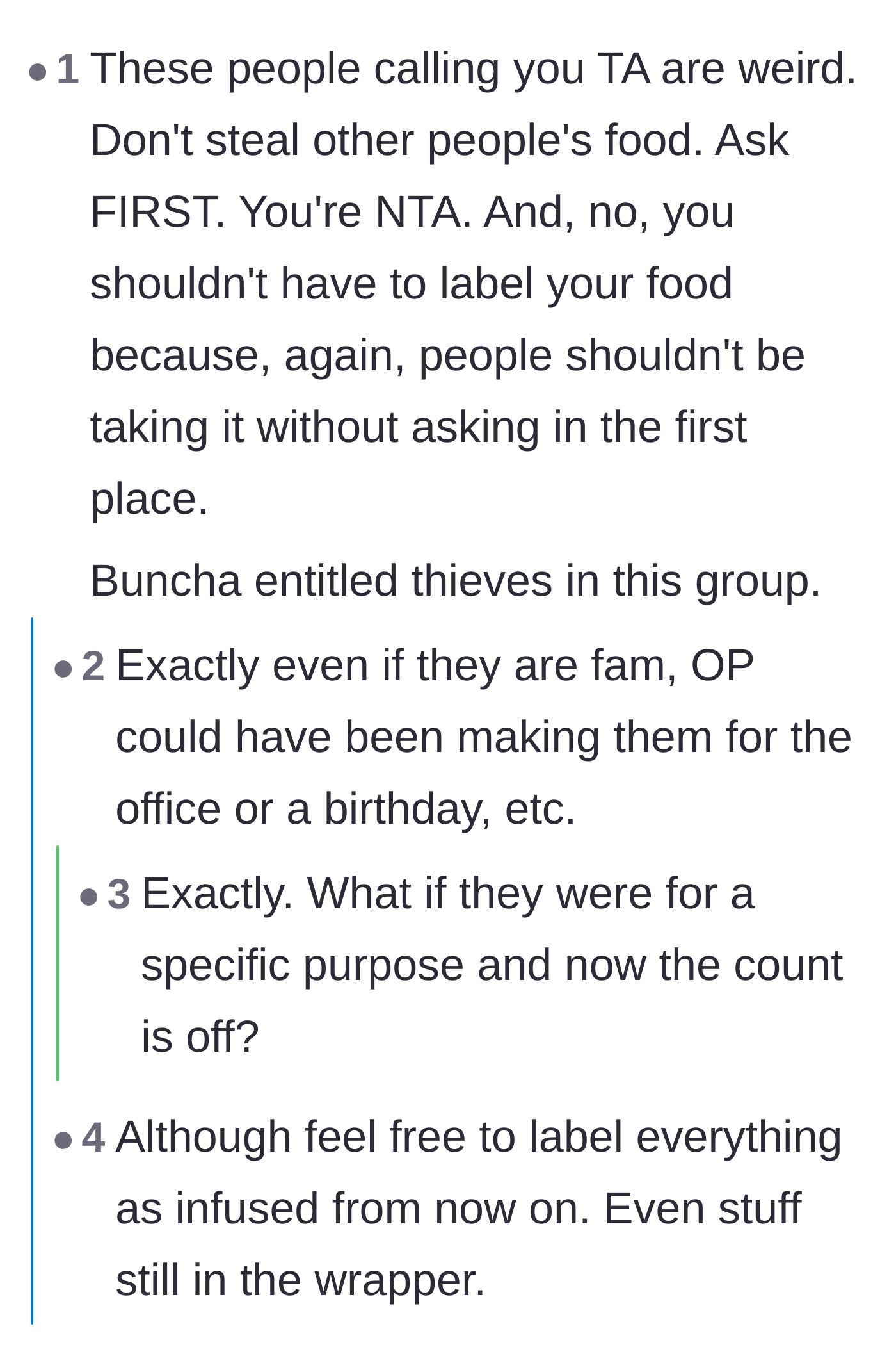 Comment thread 5 - A passionate defense calling out entitled thieves and arguing against the need to label personal food.