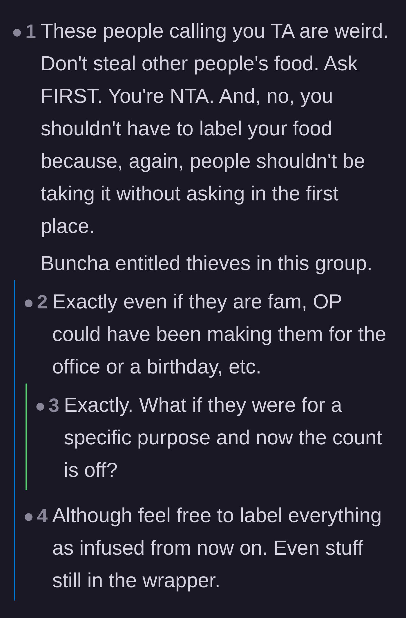 Comment thread 5 - A passionate defense calling out entitled thieves and arguing against the need to label personal food.