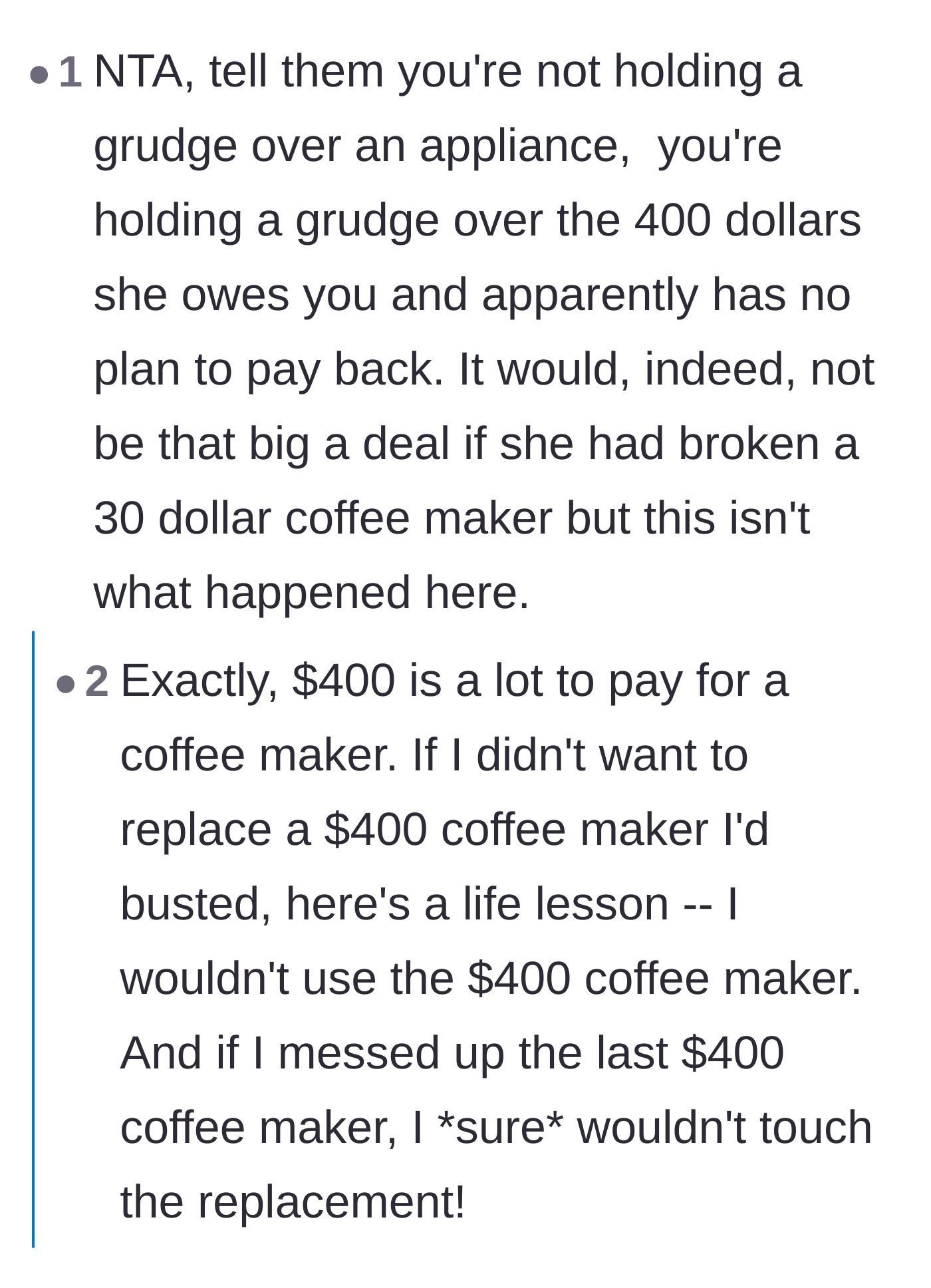 Comment thread 1 - Readers pointing out that the real issue is the unpaid $400 debt, not just a broken appliance.