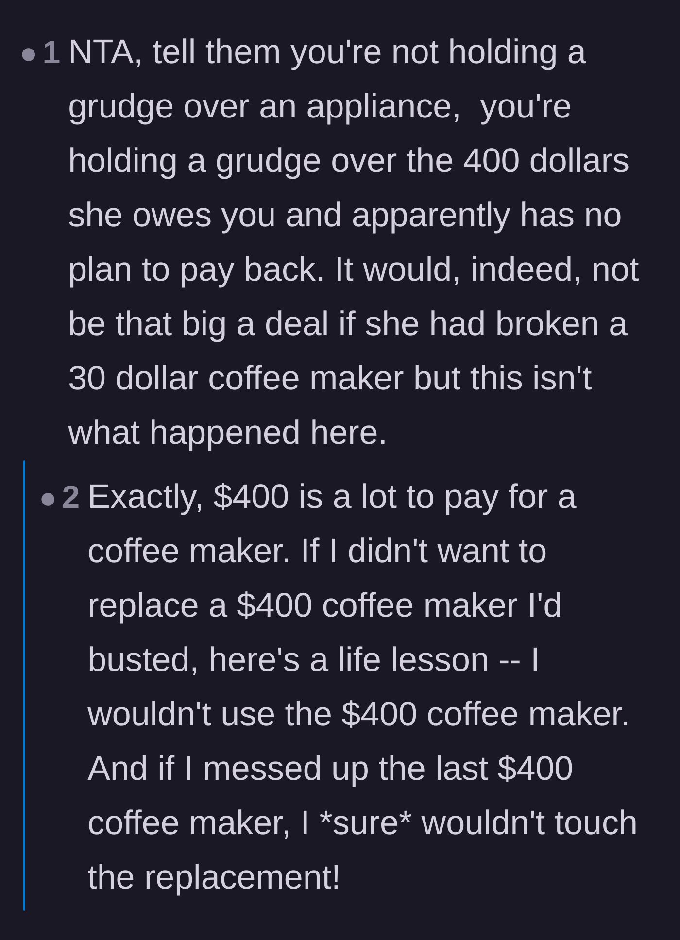 Comment thread 1 - Readers pointing out that the real issue is the unpaid $400 debt, not just a broken appliance.