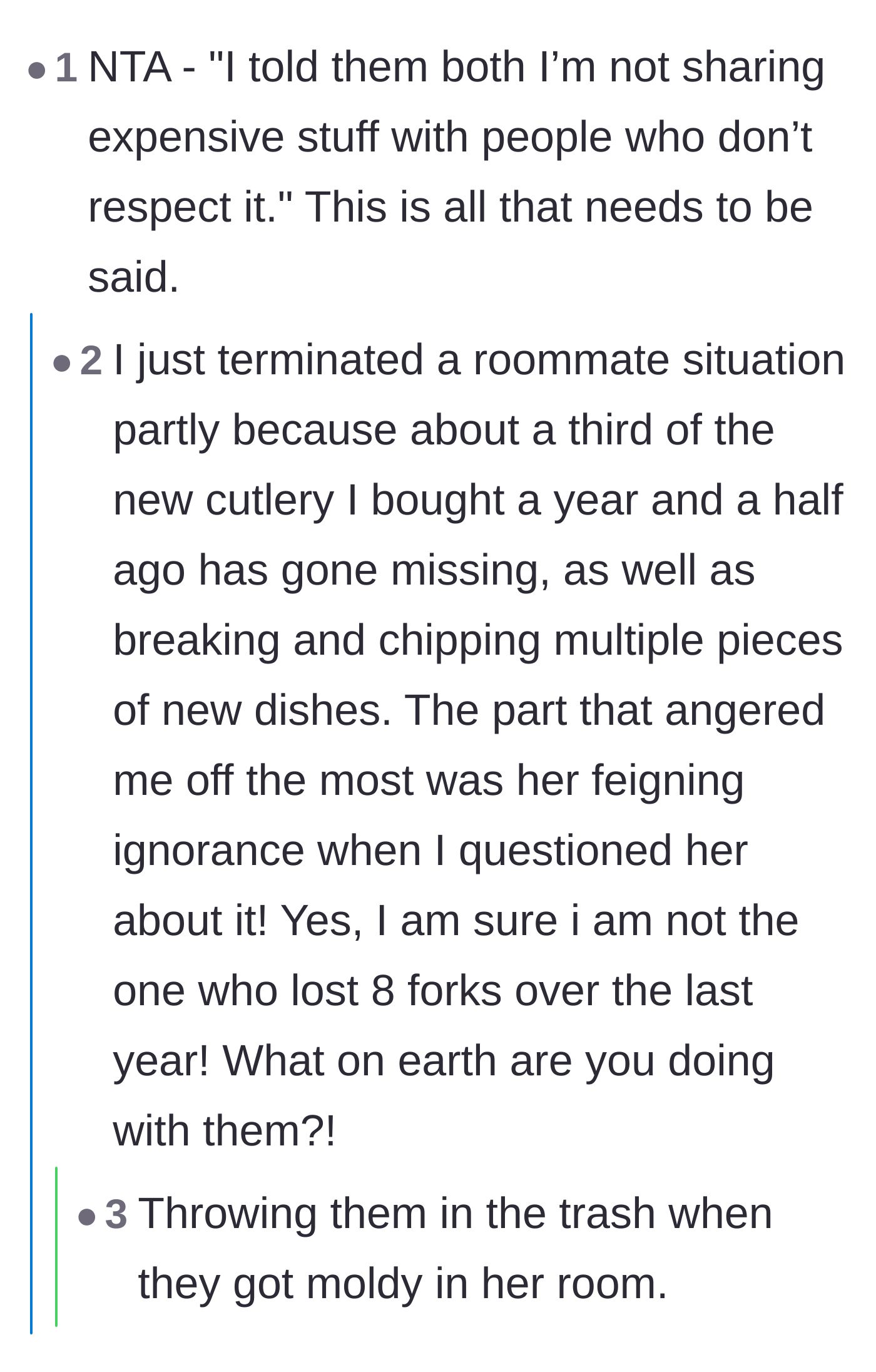 Comment thread 2 - A user agreeing with the boundary setting, sparking a relatable horror story about missing cutlery.