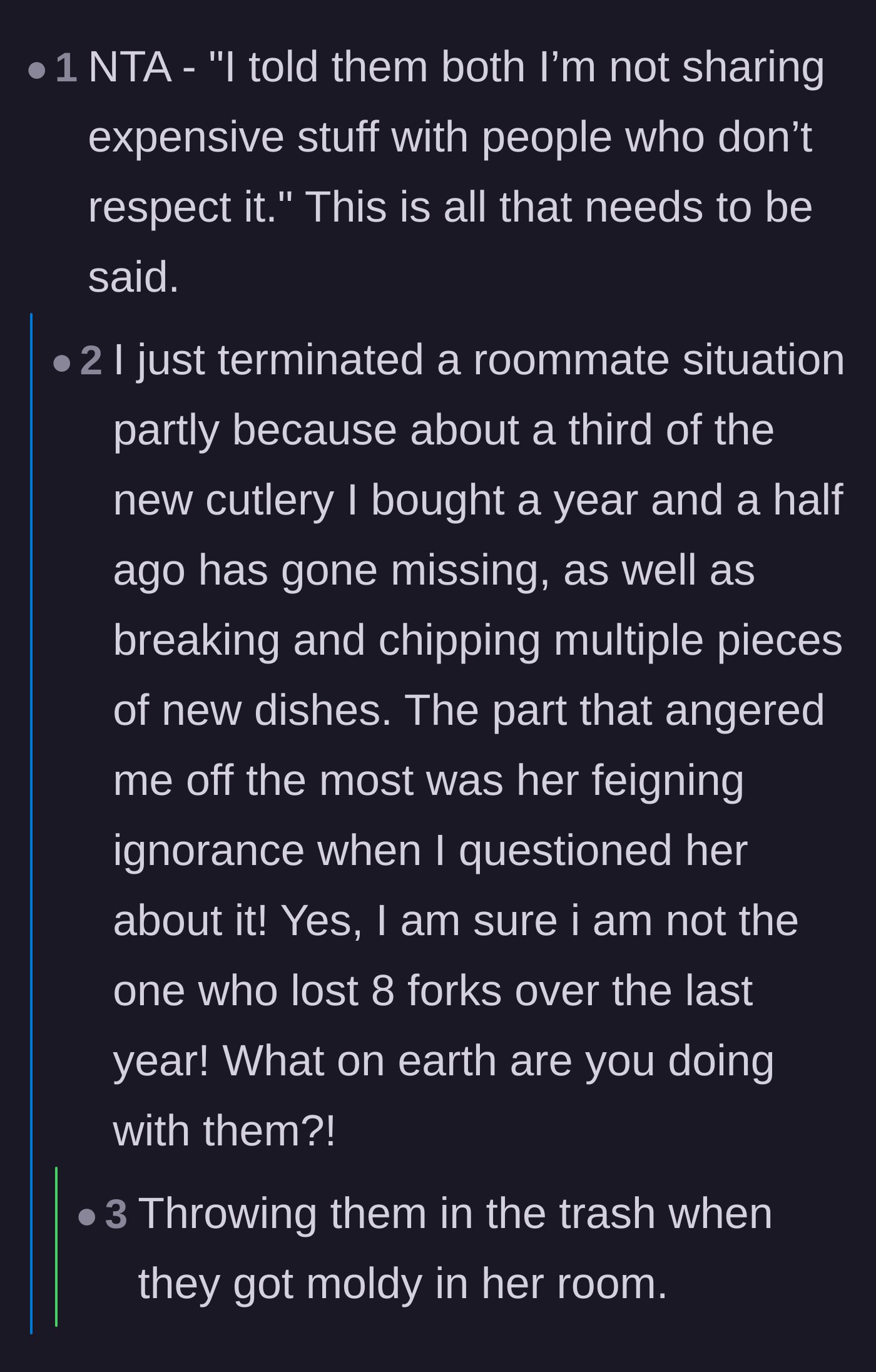 Comment thread 2 - A user agreeing with the boundary setting, sparking a relatable horror story about missing cutlery.