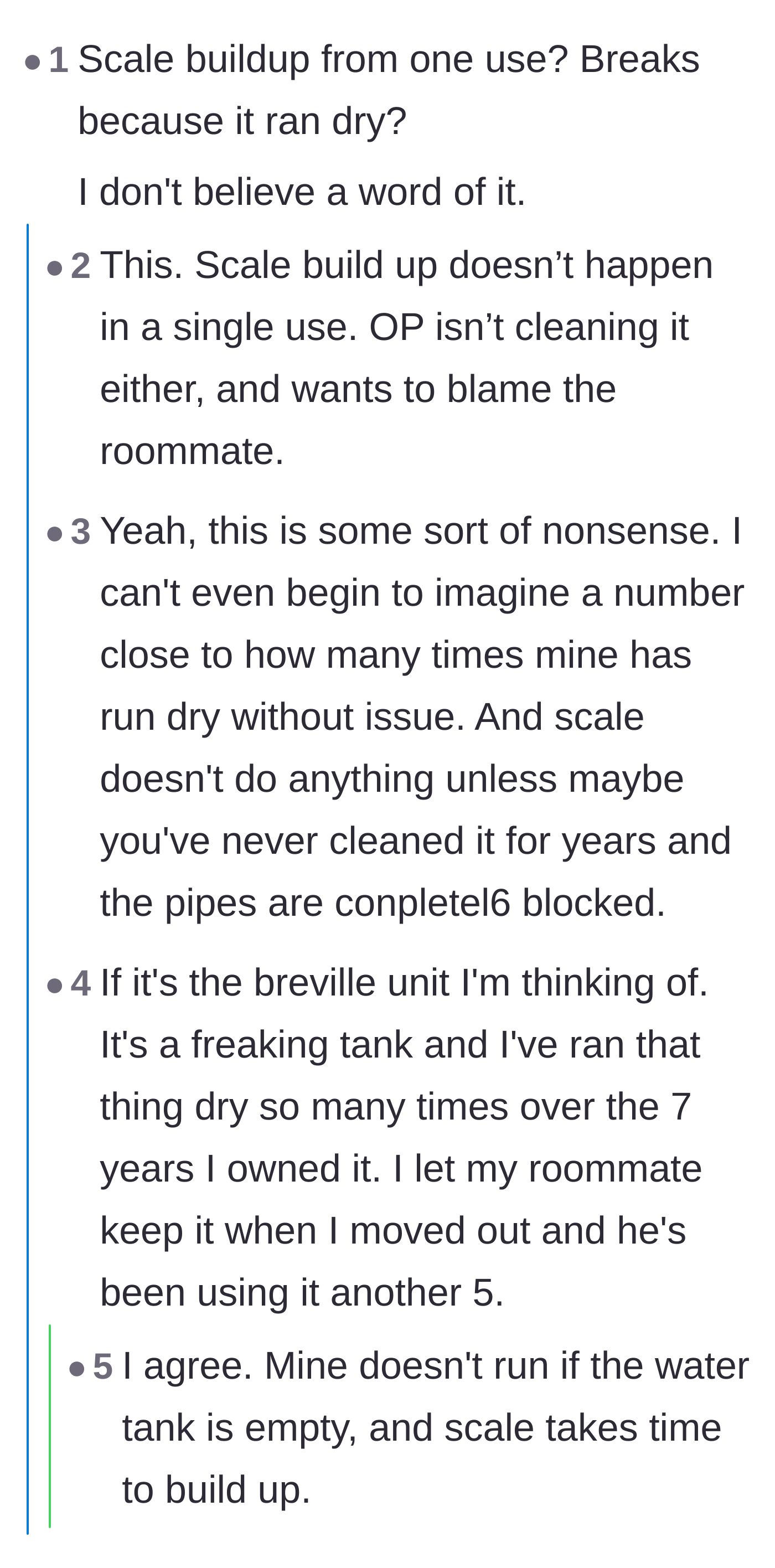 Comment thread 3 - Coffee enthusiasts debating the mechanical plausibility of breaking a Breville espresso machine in one use.
