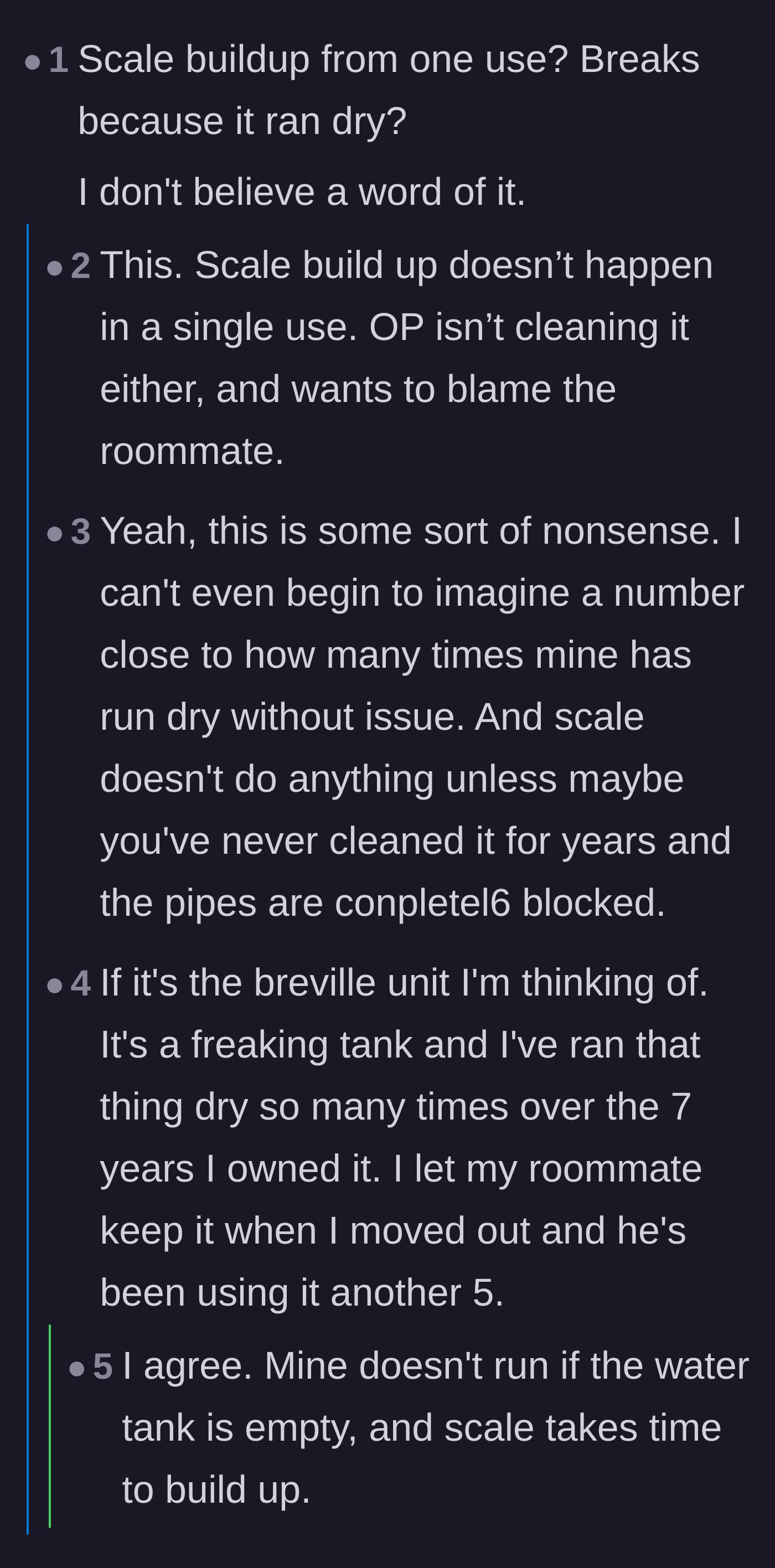 Comment thread 3 - Coffee enthusiasts debating the mechanical plausibility of breaking a Breville espresso machine in one use.