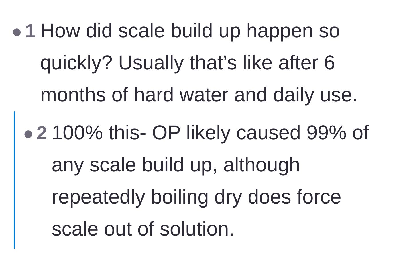 Comment thread 5 - Users doing the math on scale buildup and turning the blame back on the original poster.