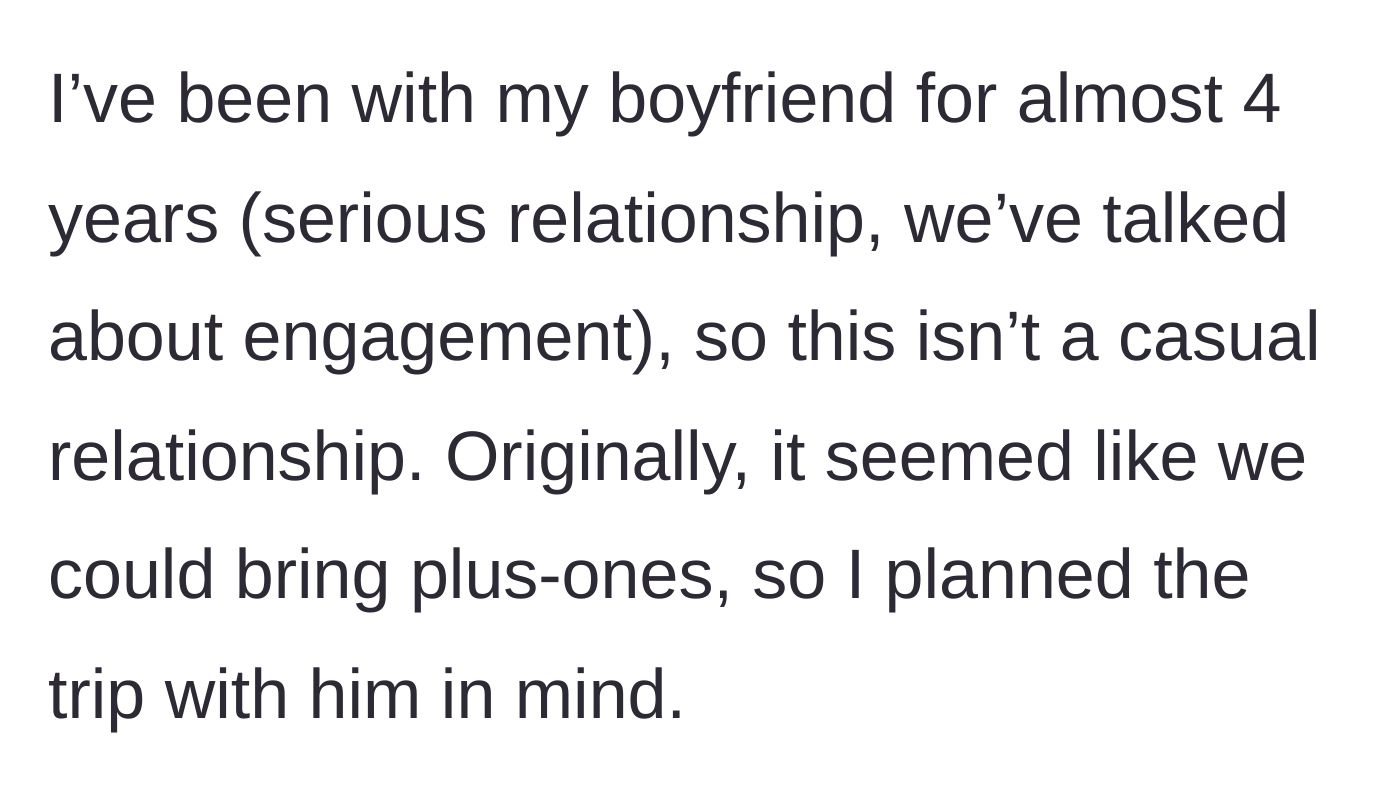 Story part 2 - The main character details her serious four-year relationship and her original excitement to travel to the wedding with her boyfriend.
