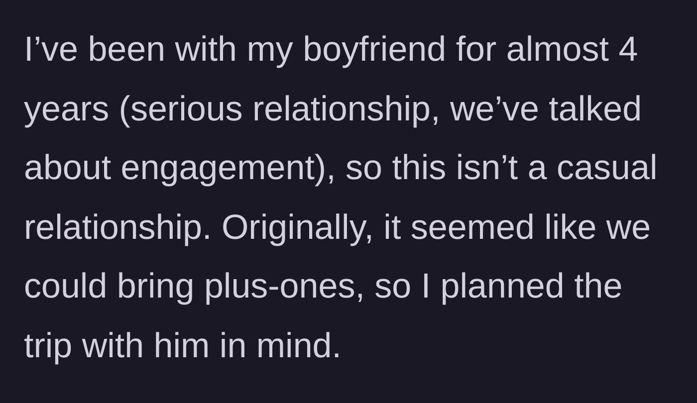 Story part 2 - The main character details her serious four-year relationship and her original excitement to travel to the wedding with her boyfriend.