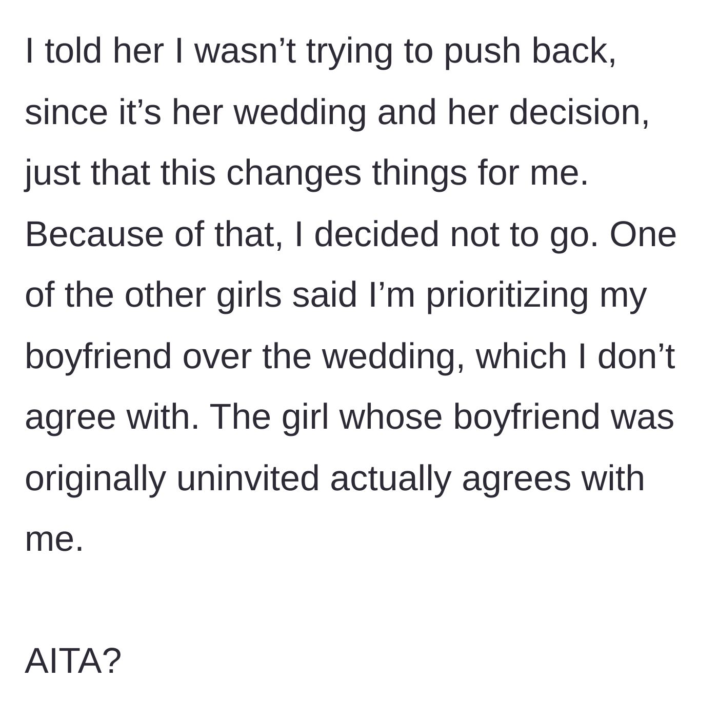 Story part 5 - The main character politely declines the wedding invitation, leading to a split reaction and guilt trips among the remaining friends.