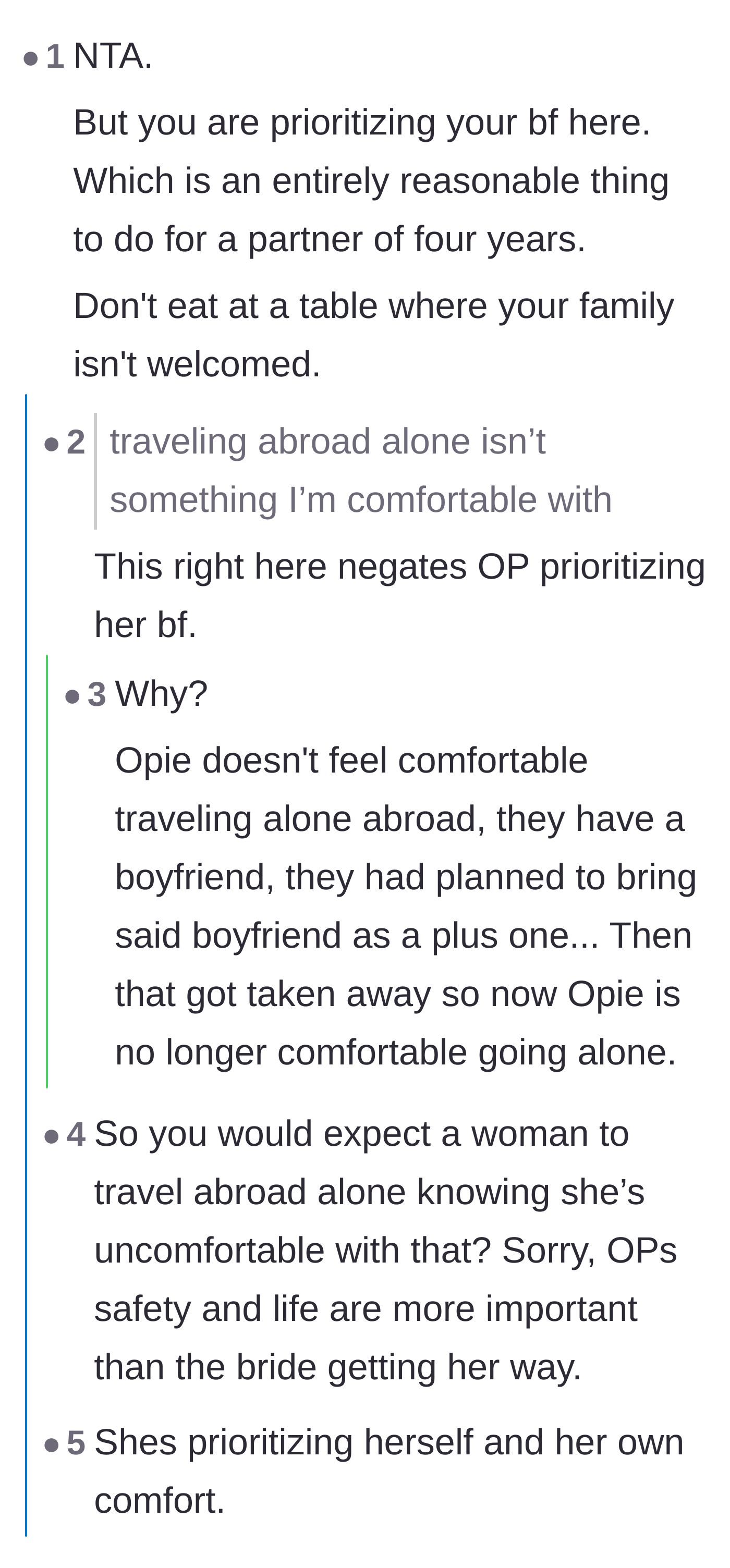 Comment thread 1 - A debate about whether the main character is prioritizing her boyfriend or her own safety and comfort by refusing to travel alone.