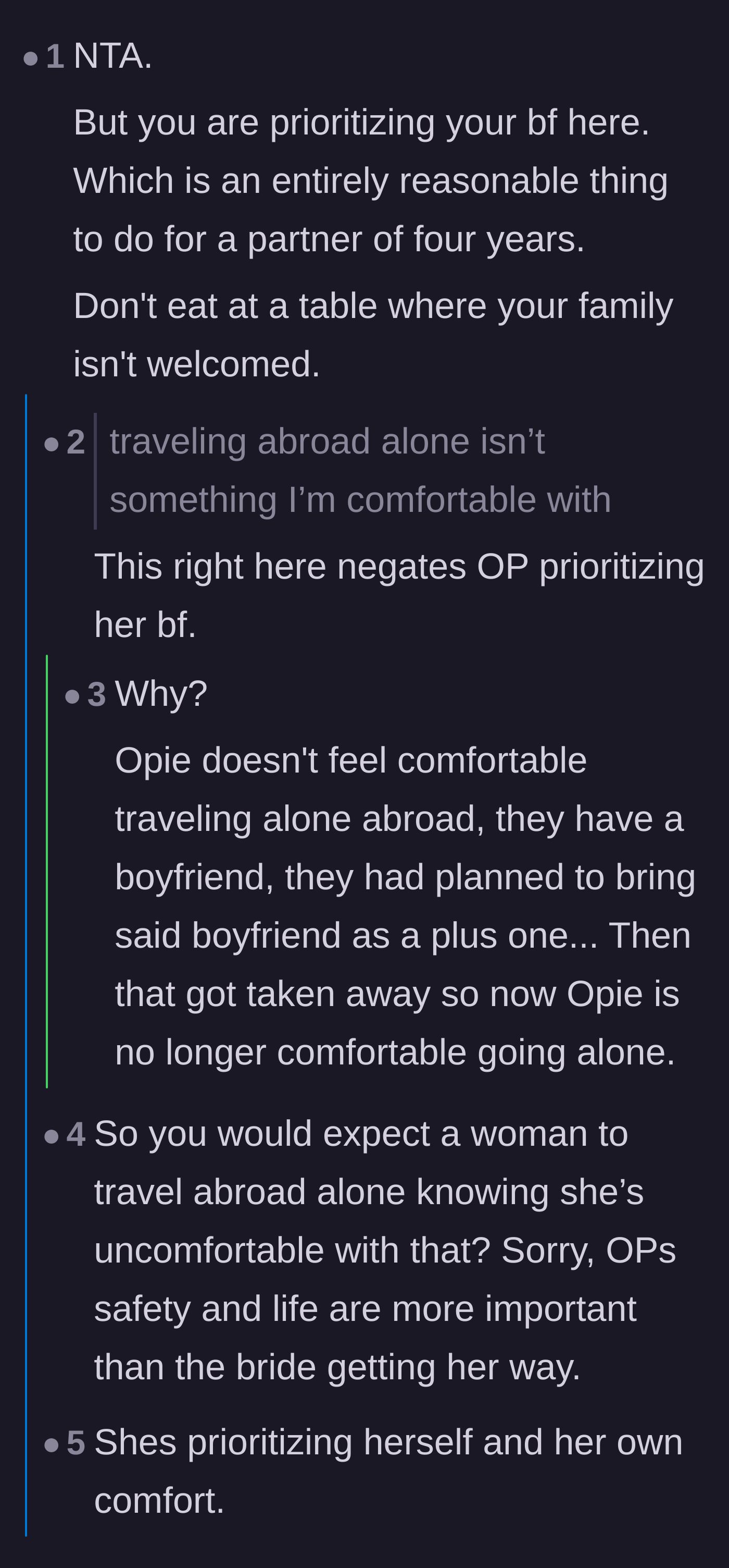 Comment thread 1 - A debate about whether the main character is prioritizing her boyfriend or her own safety and comfort by refusing to travel alone.