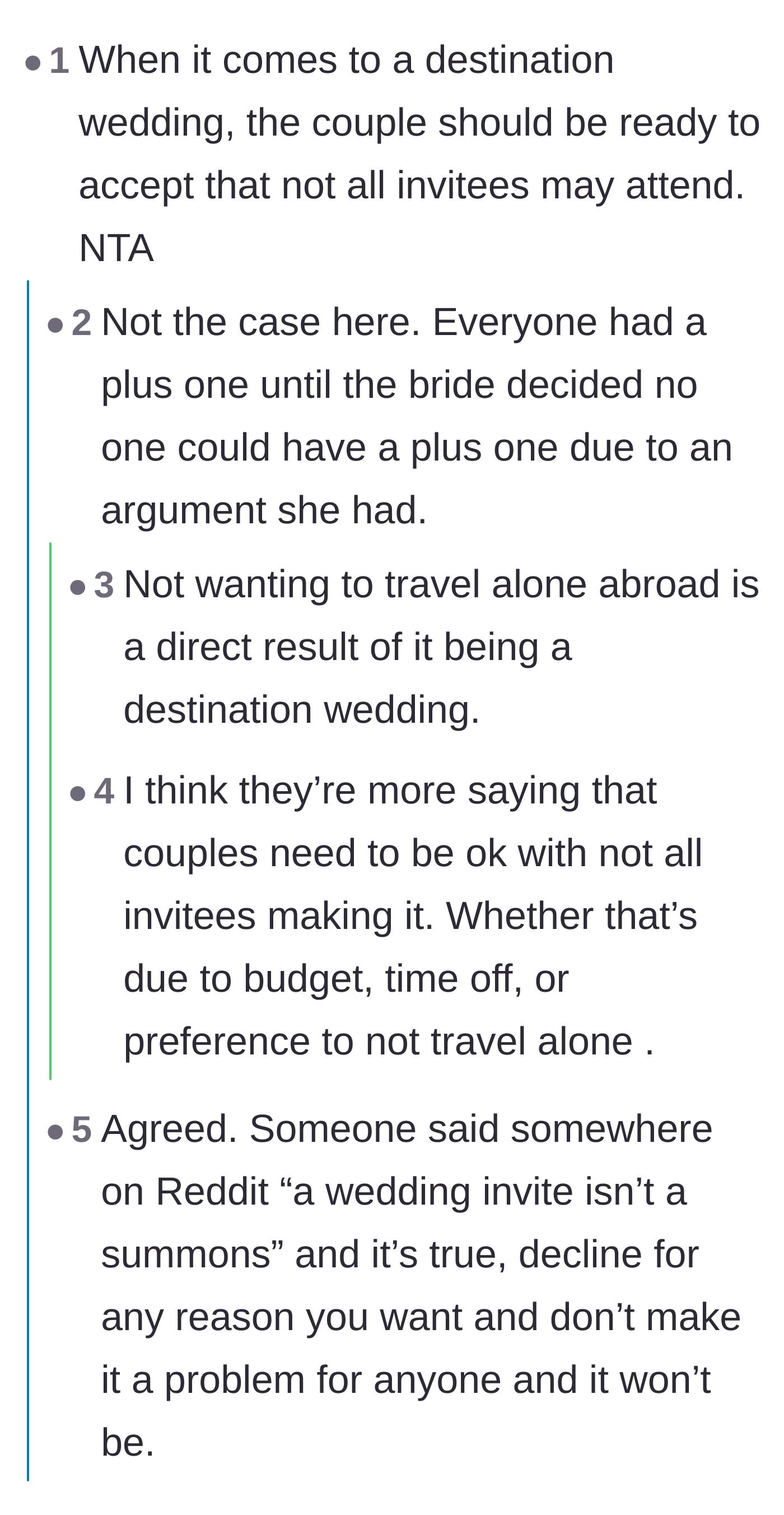 Comment thread 2 - Readers pointing out that couples choosing destination weddings must learn to accept declined invitations.