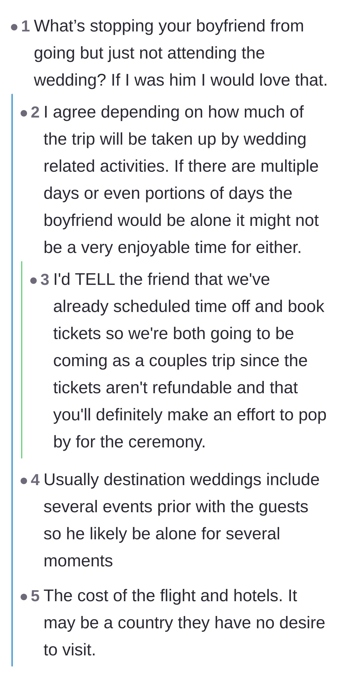 Comment thread 4 - A suggestion for the boyfriend to still go on the trip and explore the foreign country by himself while she attends the wedding.