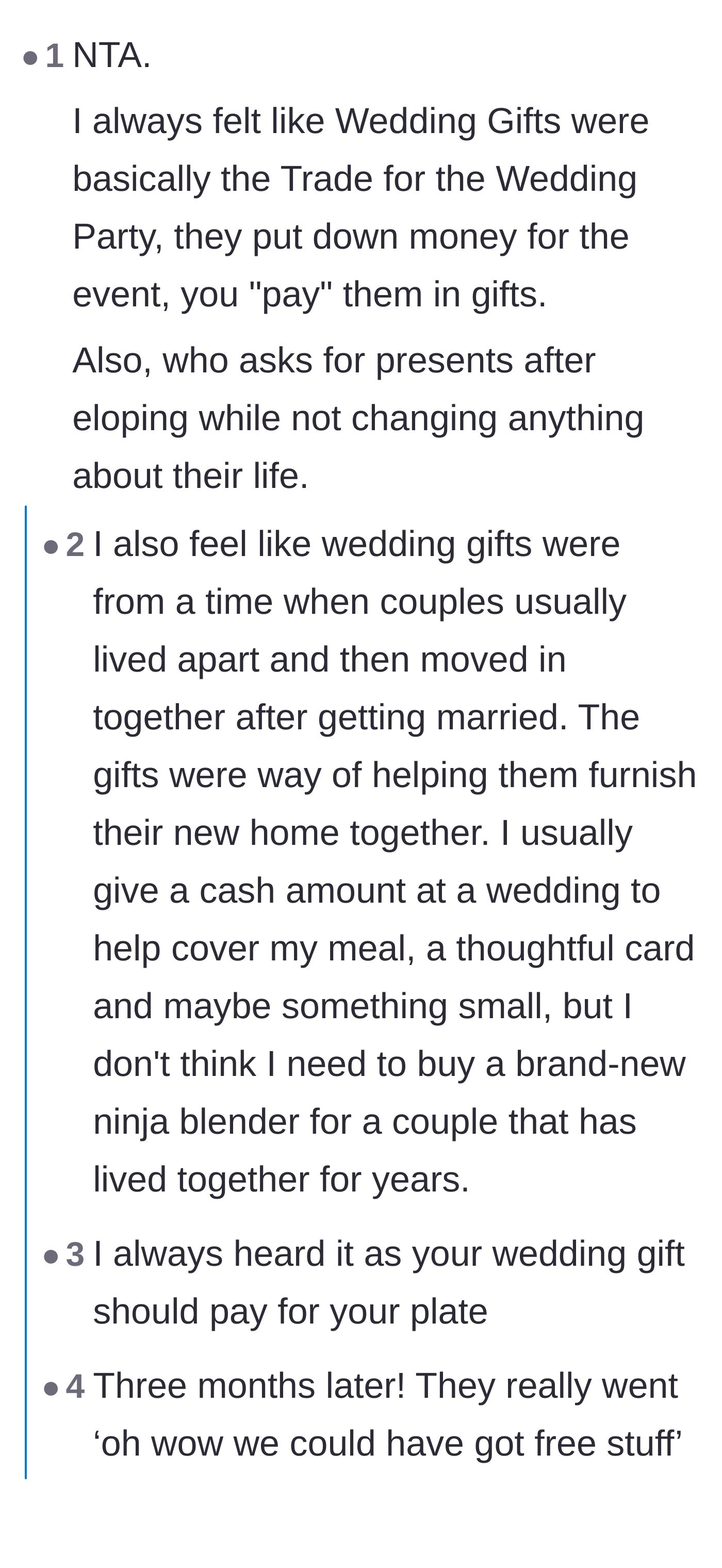 Comment thread 1 - A discussion breaking down how wedding gifts were traditionally meant to help young couples set up a new home, making this registry grab incredibly tacky.