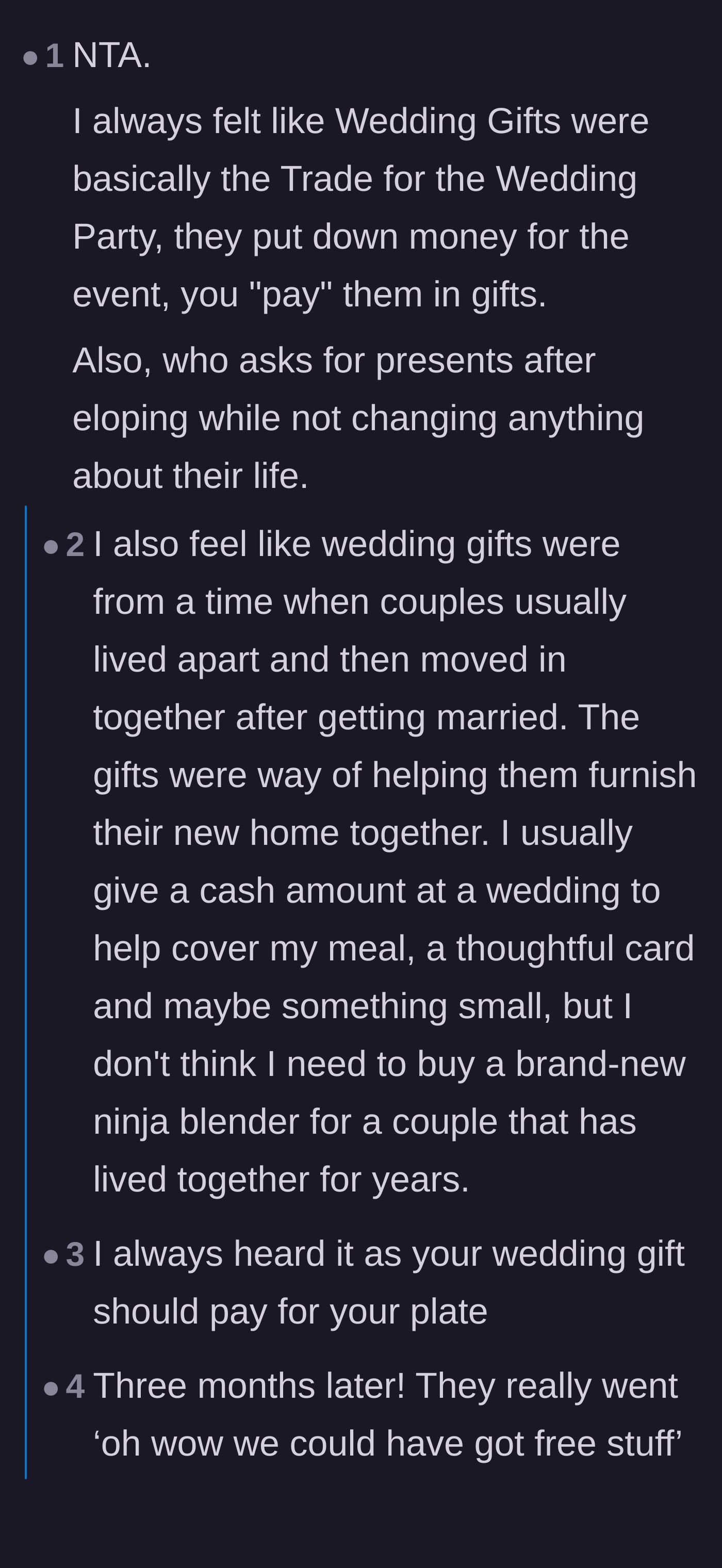 Comment thread 1 - A discussion breaking down how wedding gifts were traditionally meant to help young couples set up a new home, making this registry grab incredibly tacky.