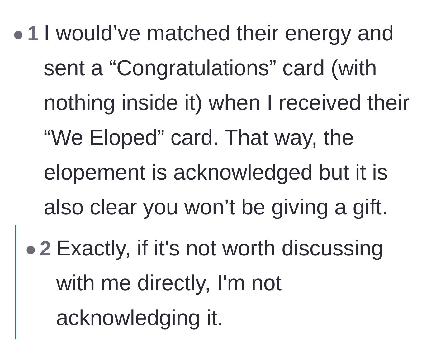 Comment thread 2 - A suggestion to match the bride's energy by sending a completely empty congratulations card in the mail.