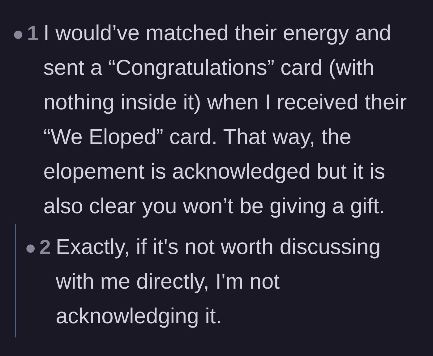 Comment thread 2 - A suggestion to match the bride's energy by sending a completely empty congratulations card in the mail.