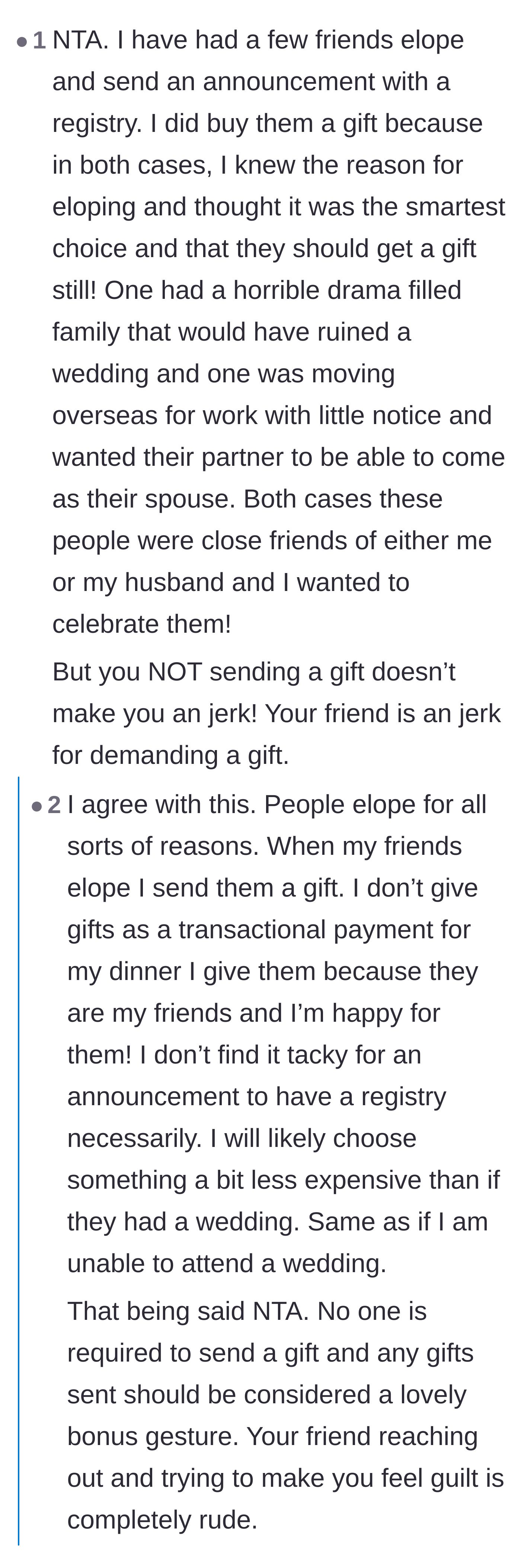 Comment thread 3 - Commenters agreeing that while sending an elopement gift is a nice gesture, hunting down friends to demand one is completely unhinged.