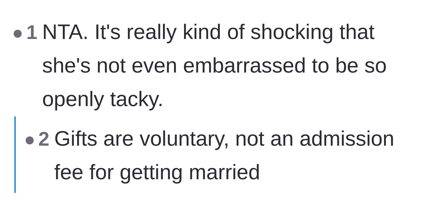 Comment thread 4 - A commenter pointing out that gifts are a voluntary kindness, not a mandatory admission fee for tying the knot.