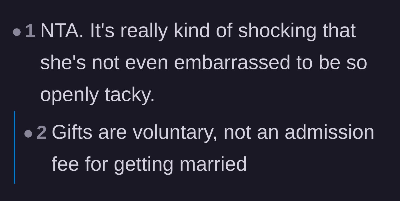 Comment thread 4 - A commenter pointing out that gifts are a voluntary kindness, not a mandatory admission fee for tying the knot.
