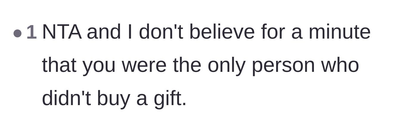 Comment thread 5 - A user expressing extreme doubt that the author was actually the only friend who didn't buy a gift.