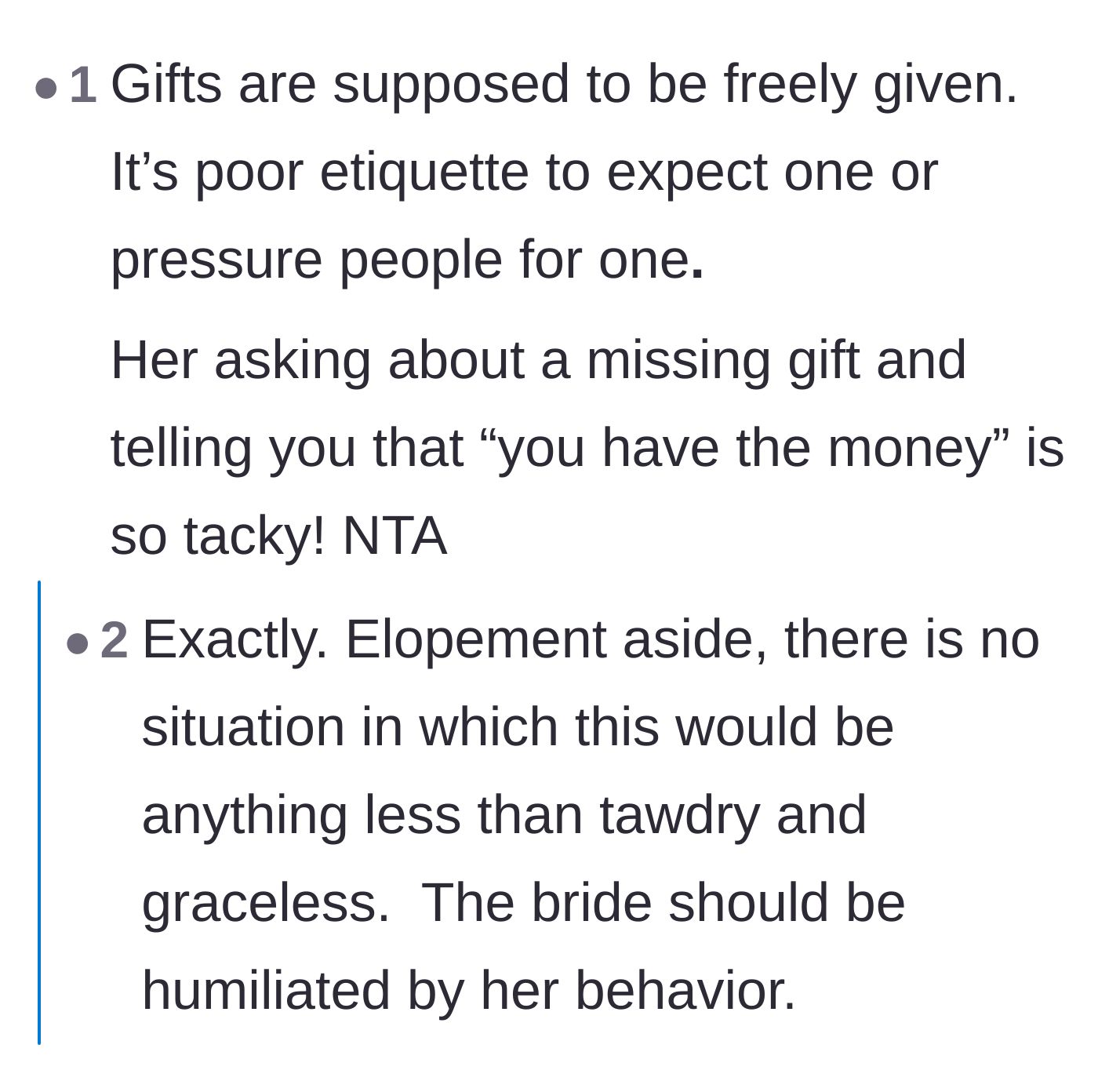 Comment thread 6 - A discussion slamming the bride's behavior as tawdry and emphasizing that counting a friend's money is a massive etiquette failure.