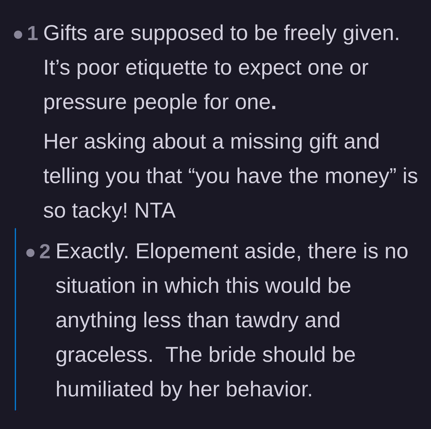 Comment thread 6 - A discussion slamming the bride's behavior as tawdry and emphasizing that counting a friend's money is a massive etiquette failure.