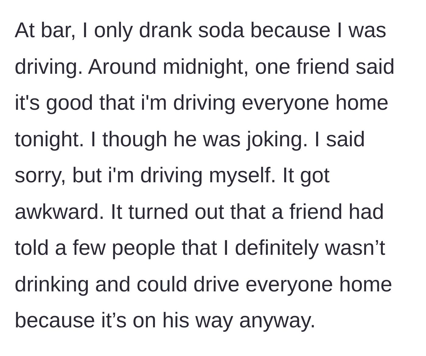 Story part 2 - A group of friends at a bar around midnight looking expectantly at the main character who is holding a soda.