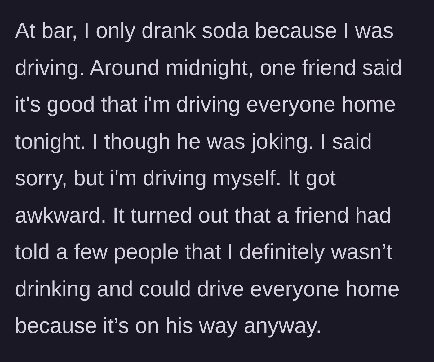 Story part 2 - A group of friends at a bar around midnight looking expectantly at the main character who is holding a soda.