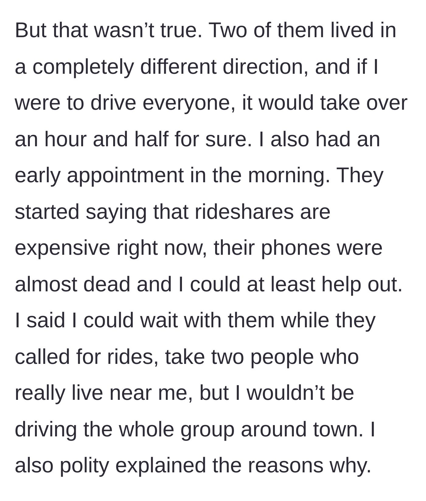 Story part 3 - The main character pointing in opposite directions to show the long driving route while friends look at dead phones.