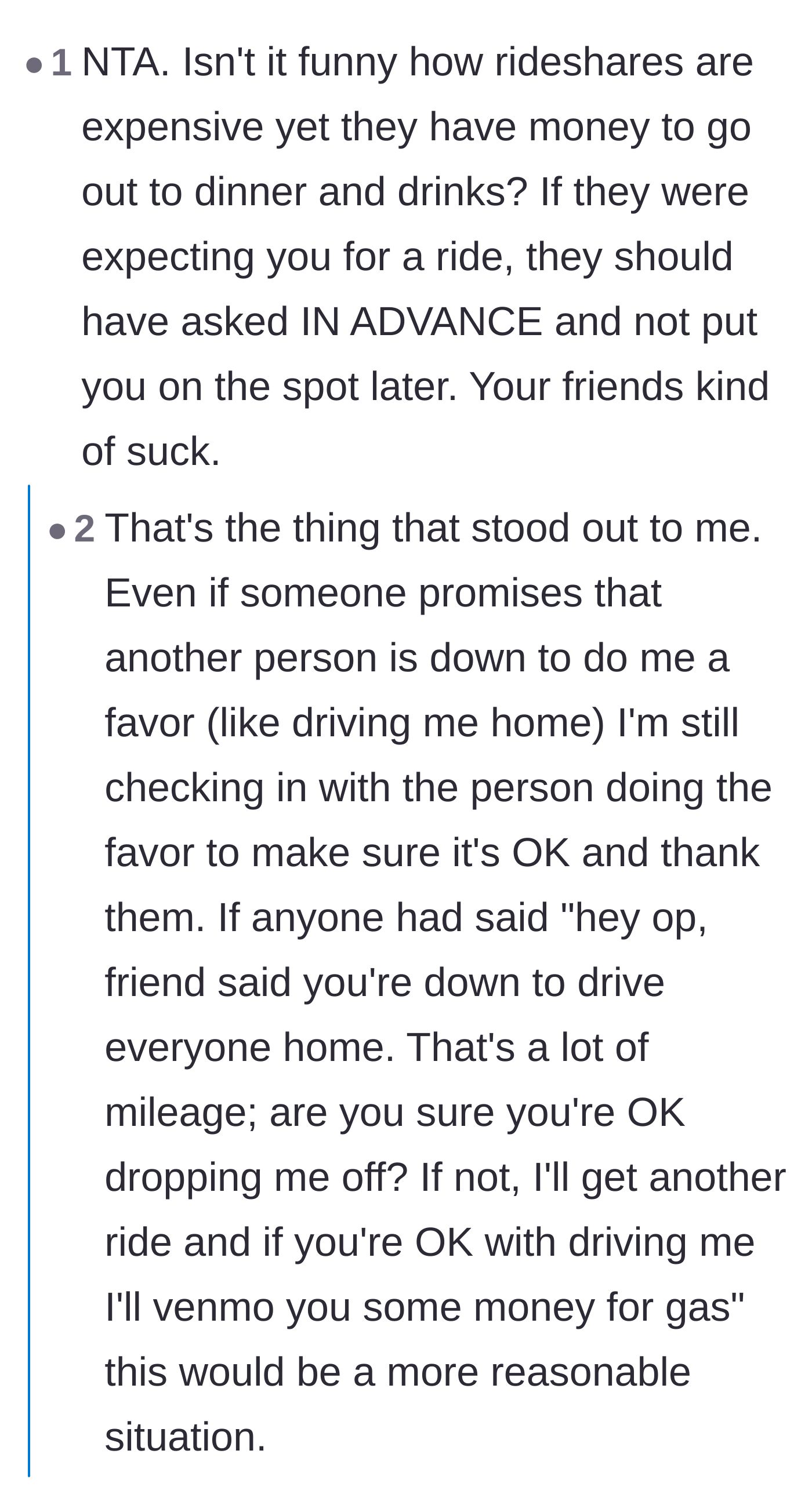 Comment thread 3 - Commenters pointing out that the friends had money for drinks but suddenly went broke when they needed rides, plus no one offered gas money.