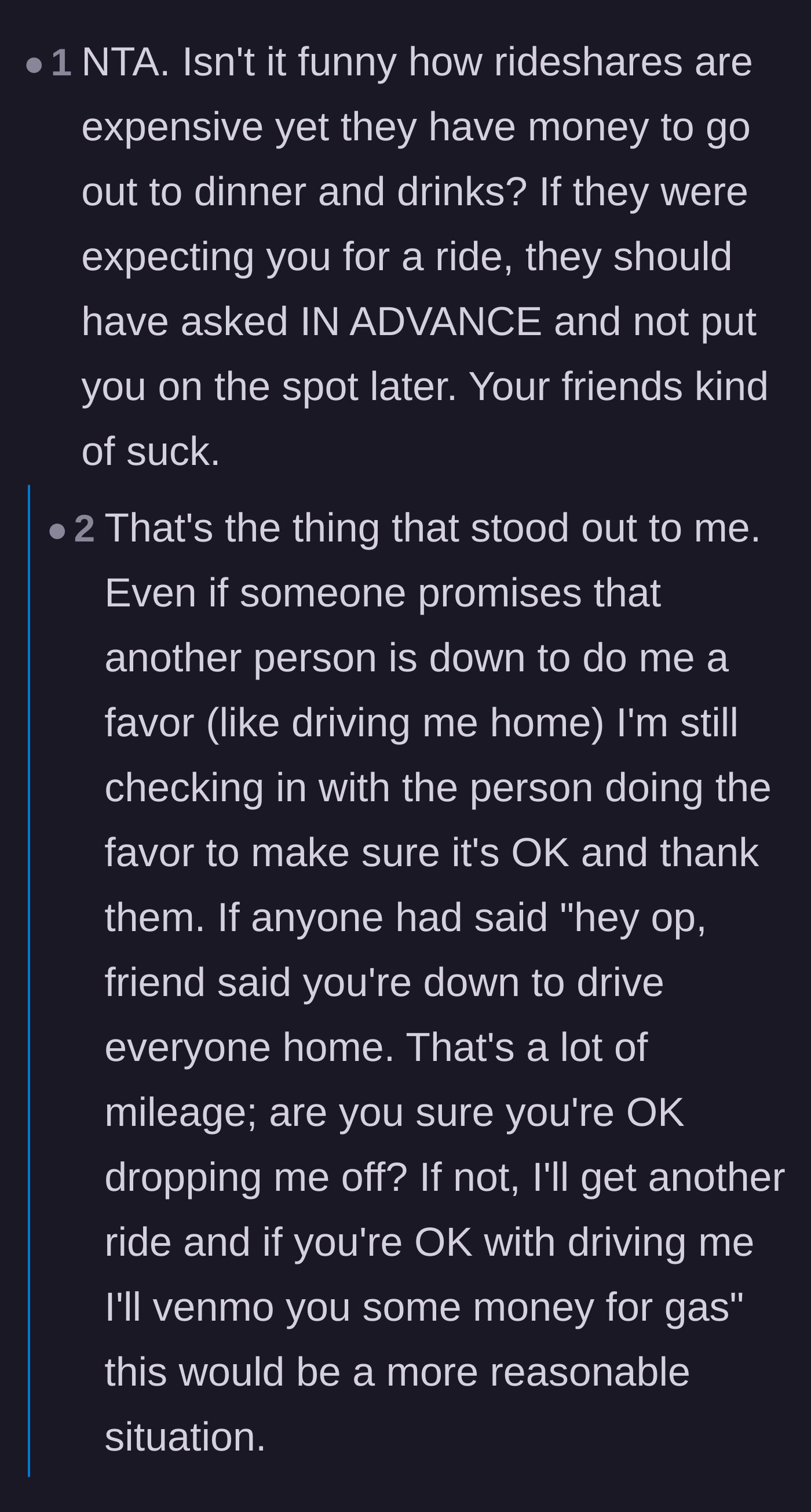 Comment thread 3 - Commenters pointing out that the friends had money for drinks but suddenly went broke when they needed rides, plus no one offered gas money.