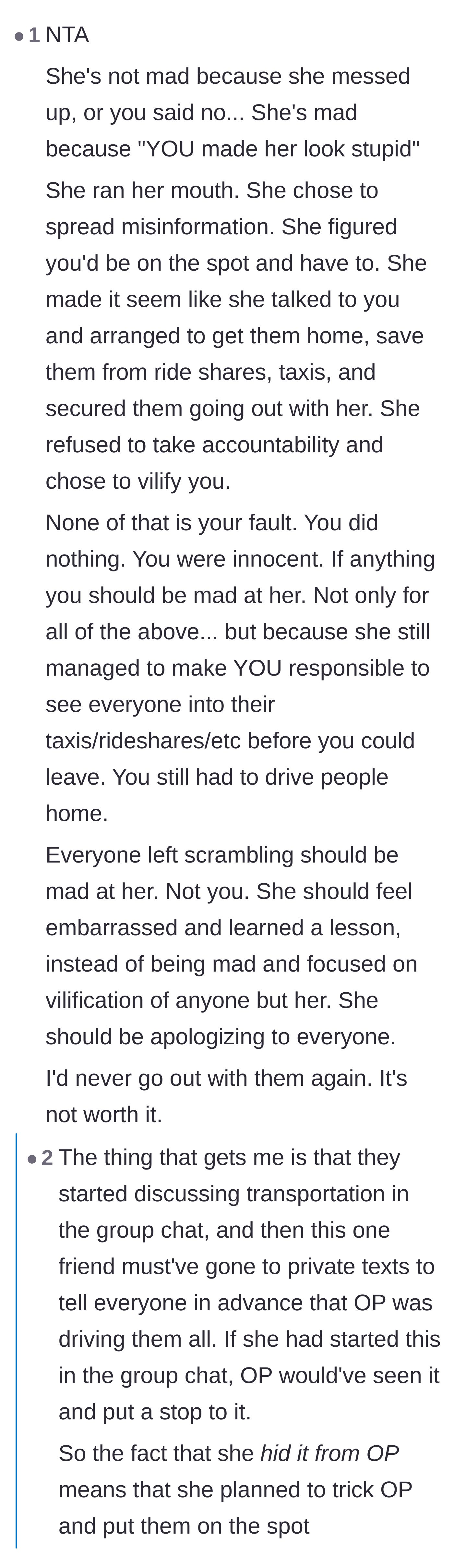 Comment thread 4 - A deep dive into the friend's manipulative tactic of hiding the free ride plan in private messages so the main character couldn't say no.
