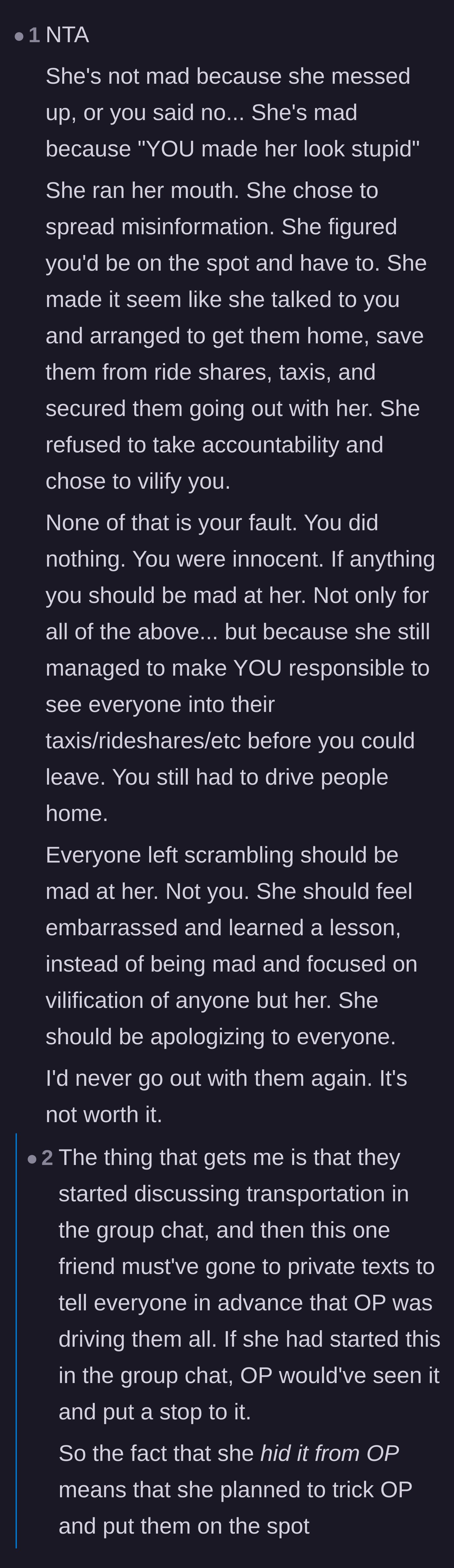 Comment thread 4 - A deep dive into the friend's manipulative tactic of hiding the free ride plan in private messages so the main character couldn't say no.