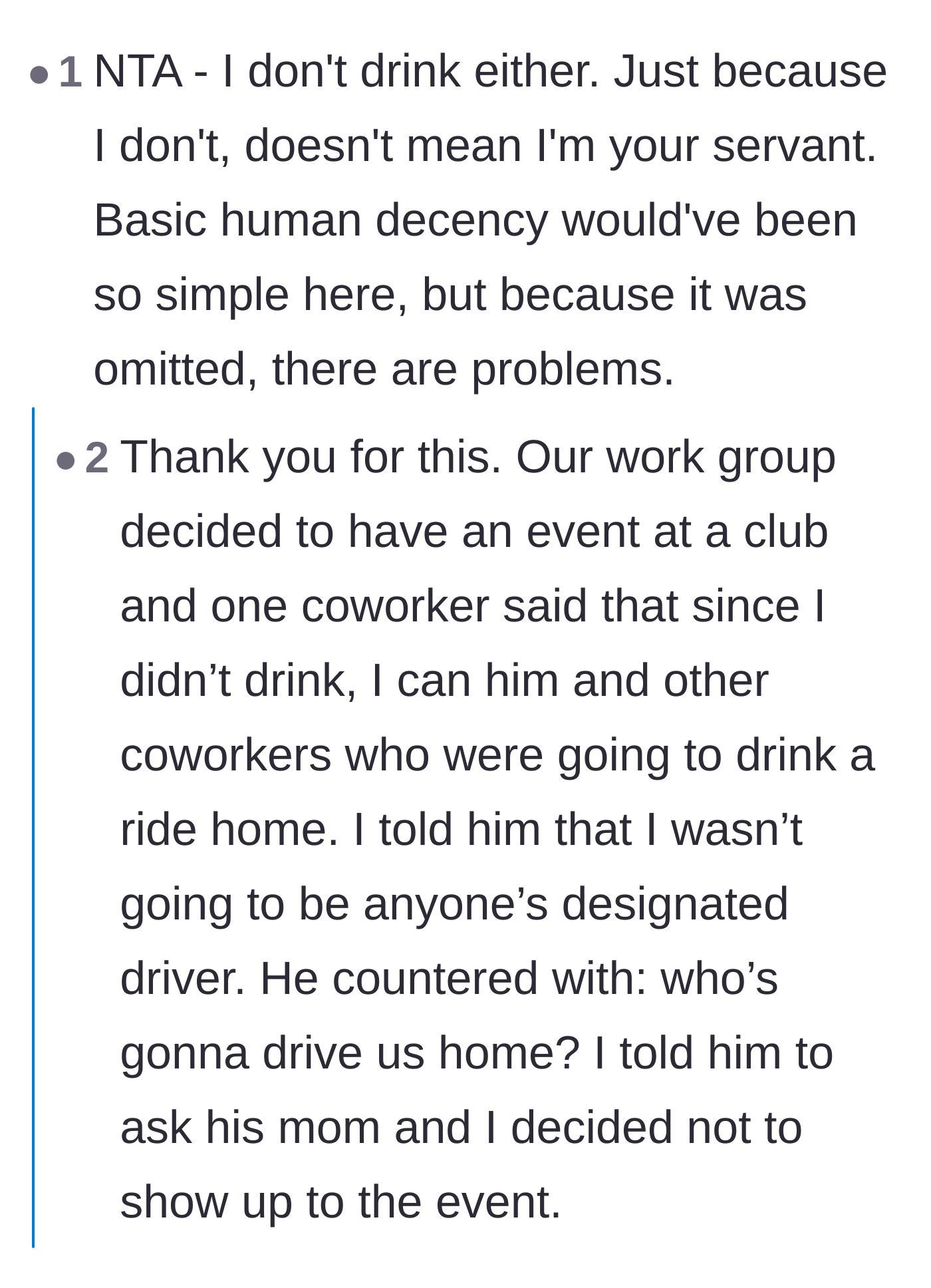 Comment thread 5 - A user sharing their own experience of being expected to drive coworkers home just because they don't drink.
