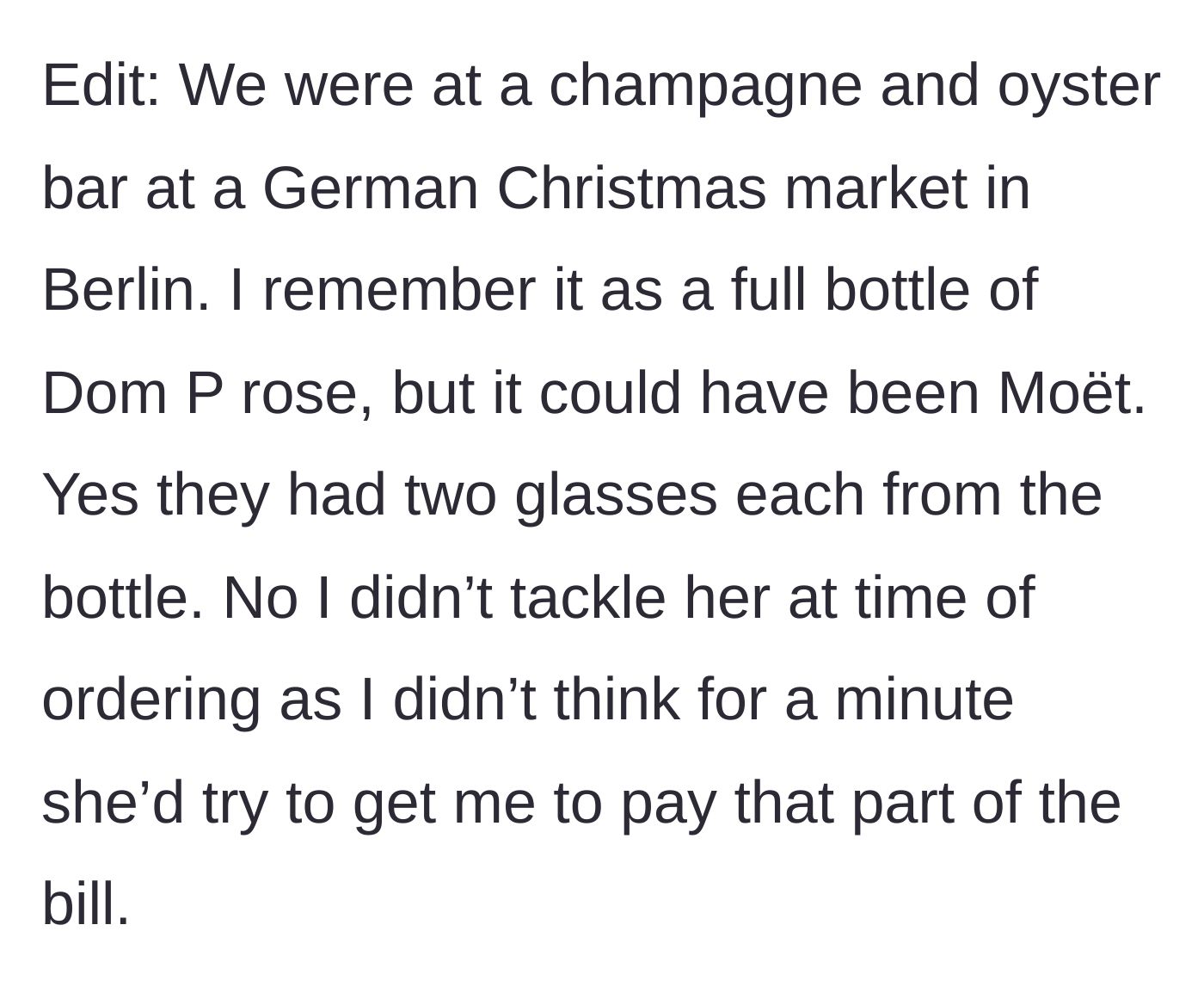 Story part 6 - Context about the venue being a German Christmas market oyster bar and the assumptions made during ordering.