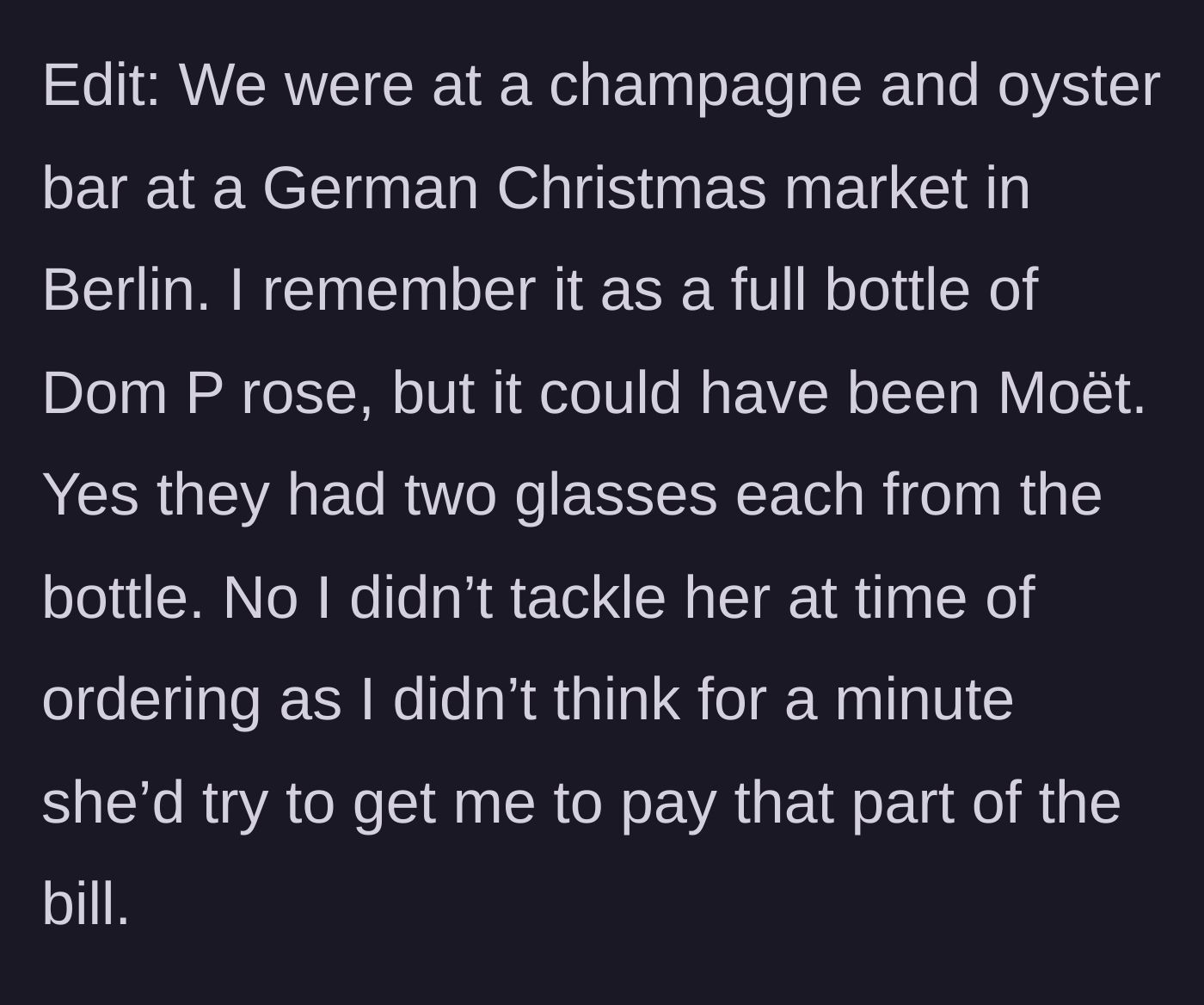 Story part 6 - Context about the venue being a German Christmas market oyster bar and the assumptions made during ordering.