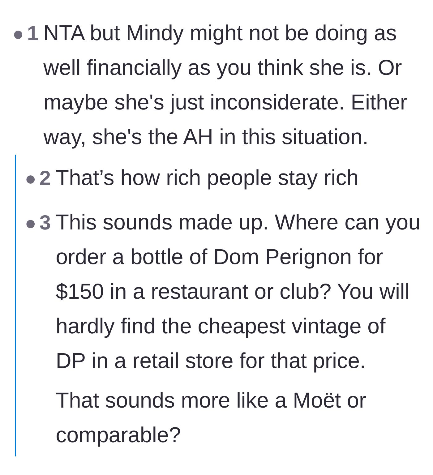Comment thread 1 - A deep dive into whether Mandy is secretly broke, how truly wealthy people act, and a debate over the actual cost of vintage champagne in Europe.