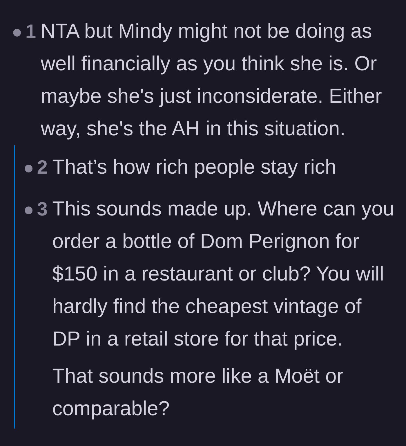 Comment thread 1 - A deep dive into whether Mandy is secretly broke, how truly wealthy people act, and a debate over the actual cost of vintage champagne in Europe.