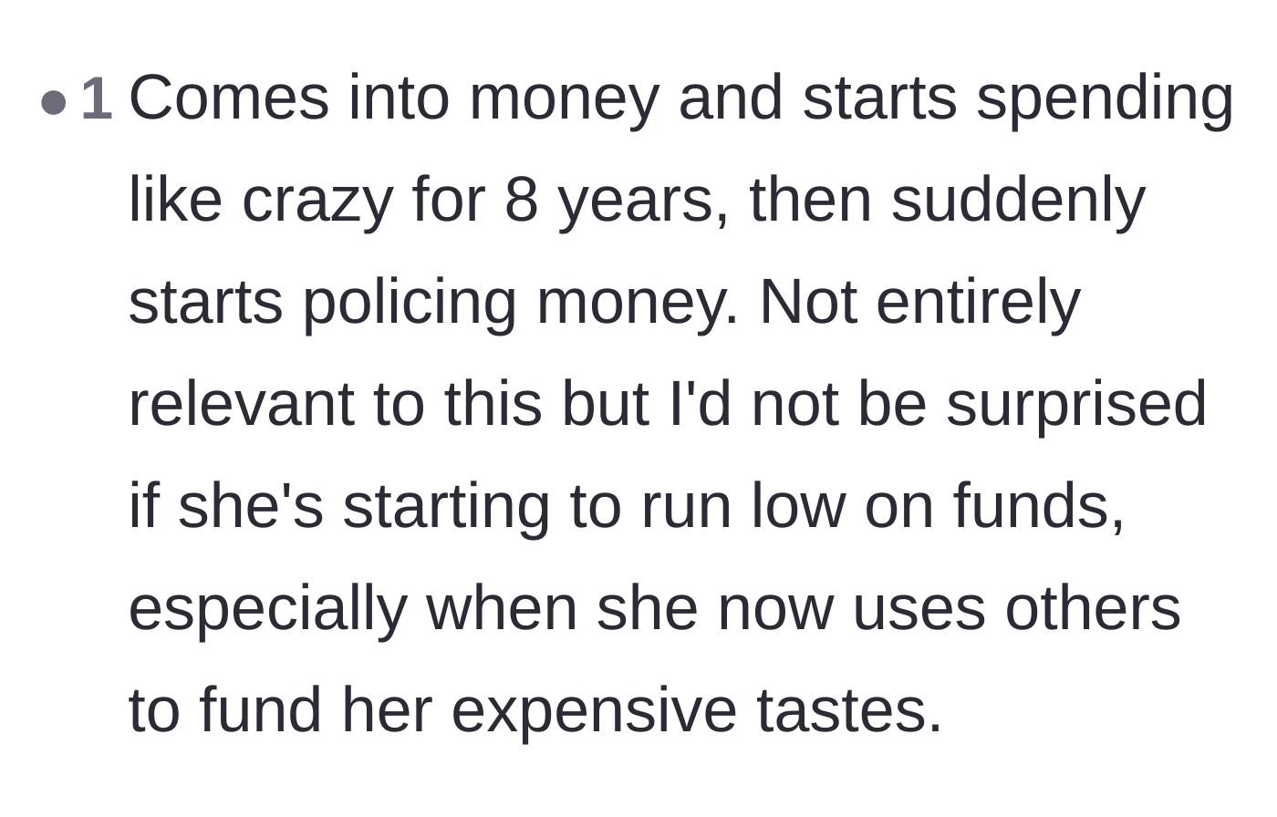 Comment thread 3 - A reader pointing out the suspicious eight-year timeline of lavish spending suddenly shifting to intense penny-pinching.