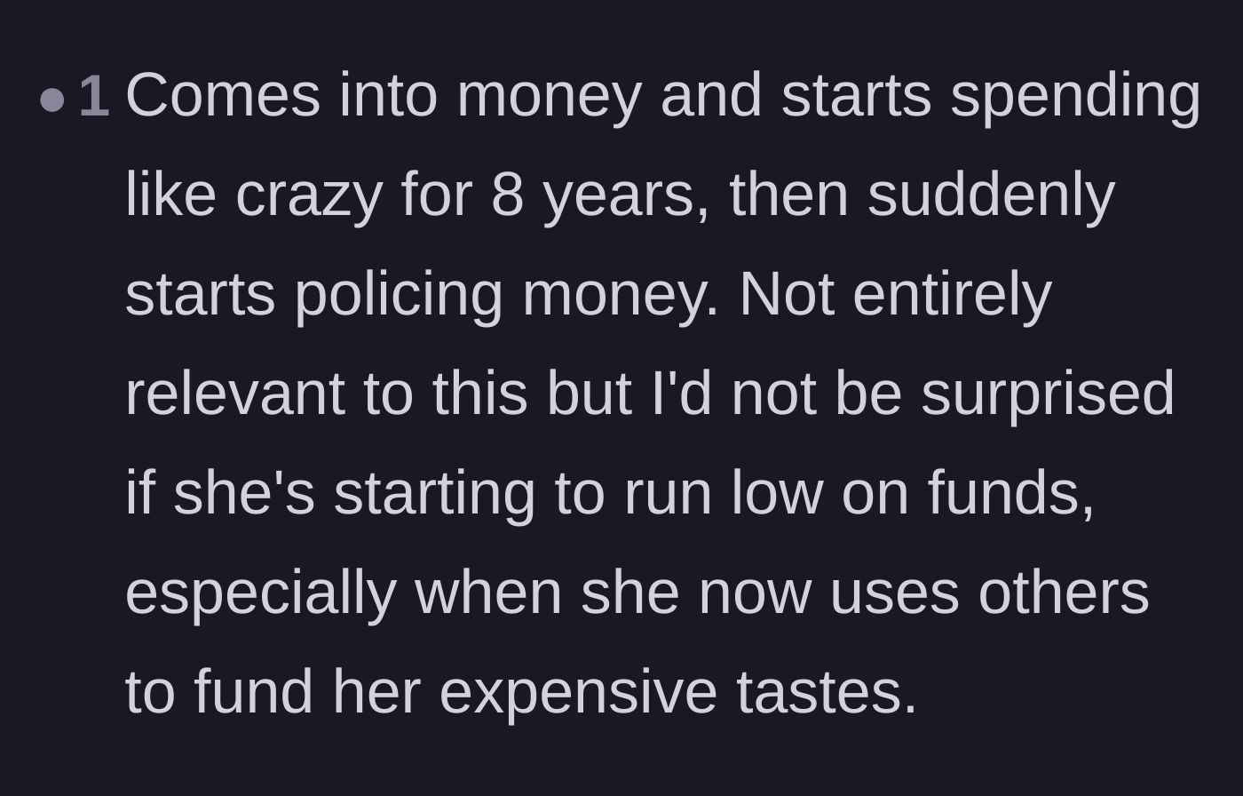Comment thread 3 - A reader pointing out the suspicious eight-year timeline of lavish spending suddenly shifting to intense penny-pinching.