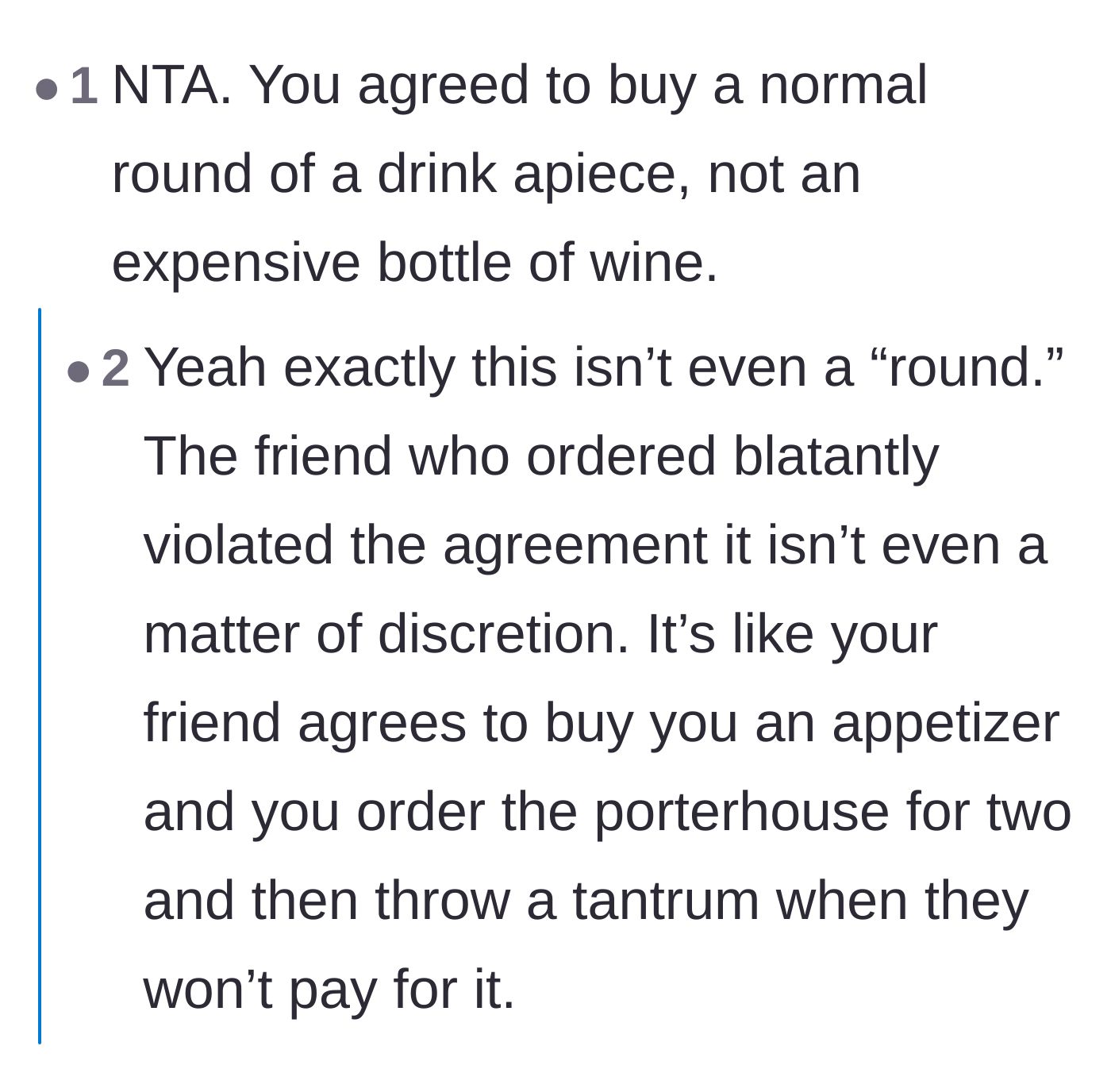 Comment thread 4 - Agreement that ordering a shared bottle fundamentally violates the social contract of buying a standard round of individual drinks.