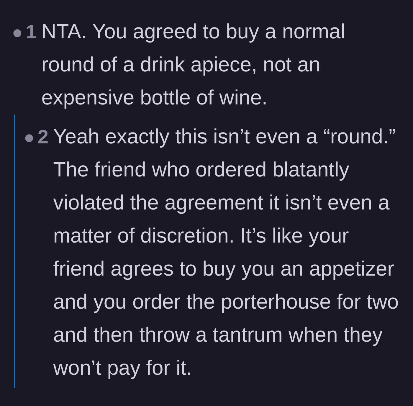 Comment thread 4 - Agreement that ordering a shared bottle fundamentally violates the social contract of buying a standard round of individual drinks.