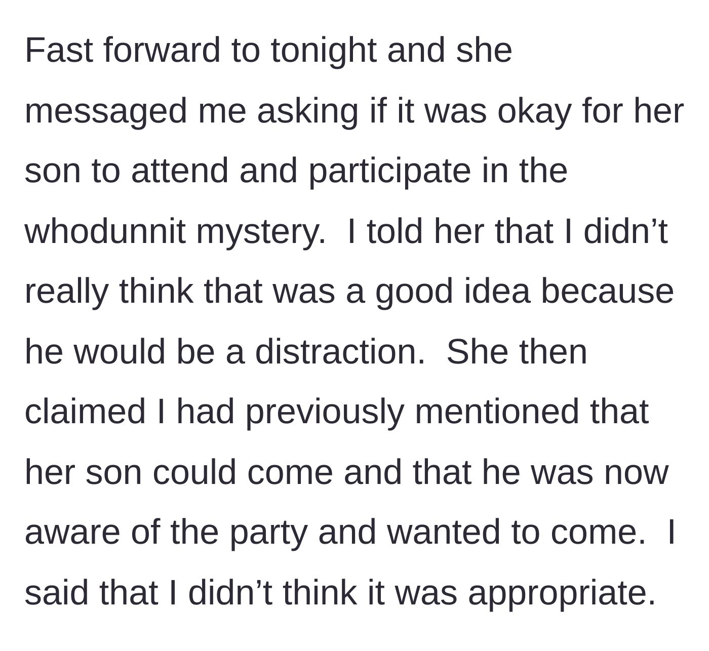 Story part 4 - The friend texting to ask if her 7-year-old can play, gaslighting the host by claiming he previously agreed, which the host firmly shoots down.