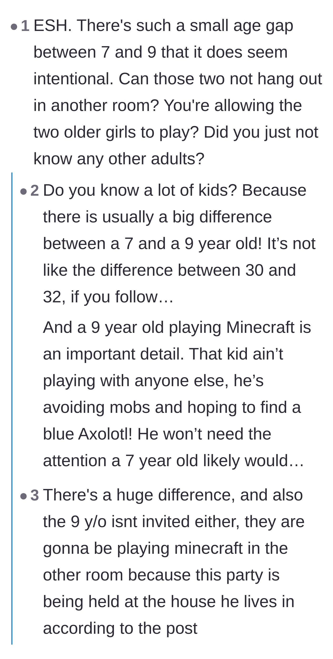Comment thread 2 - A debate over the maturity gap between seven and ten-year-old children.