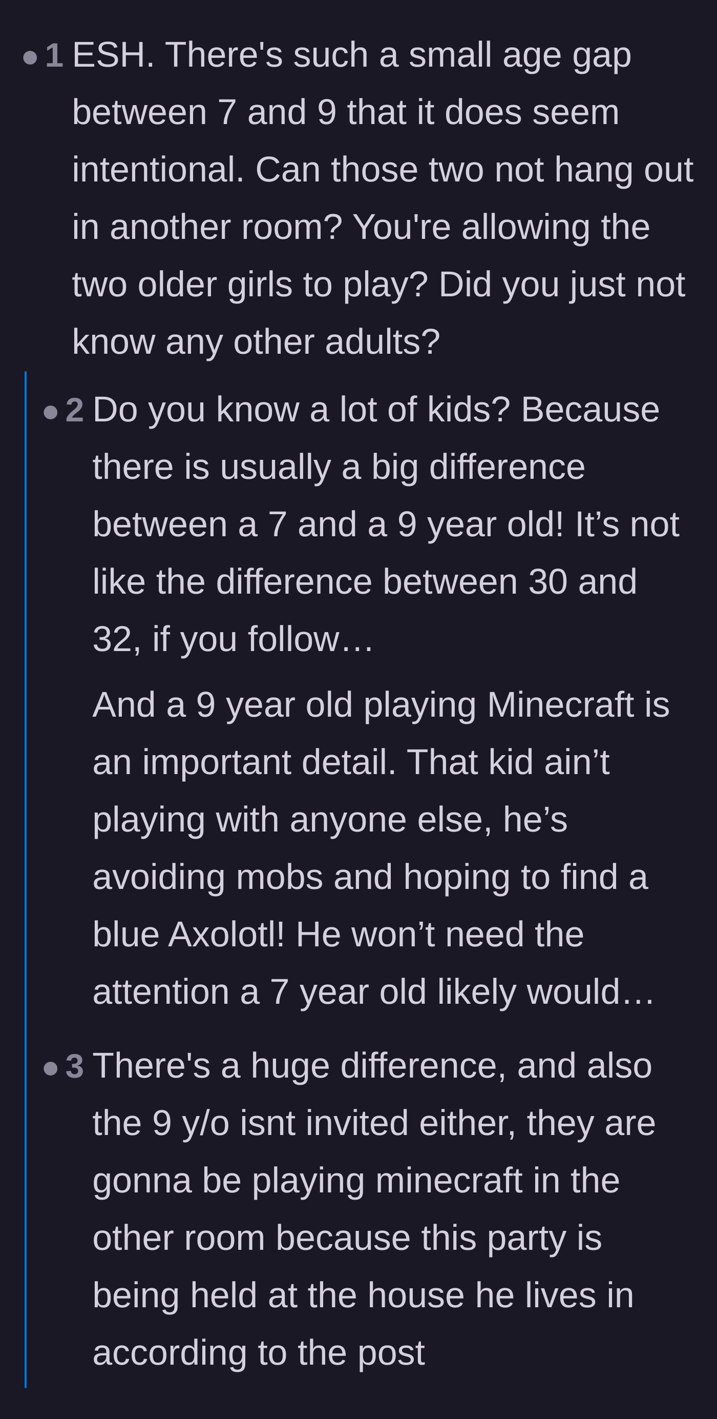 Comment thread 2 - A debate over the maturity gap between seven and ten-year-old children.