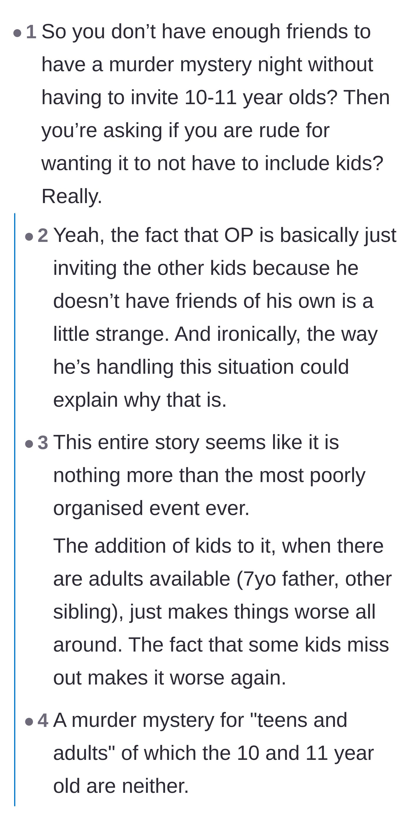 Comment thread 3 - Commenters roasting the host for lacking enough adult friends to play the game.