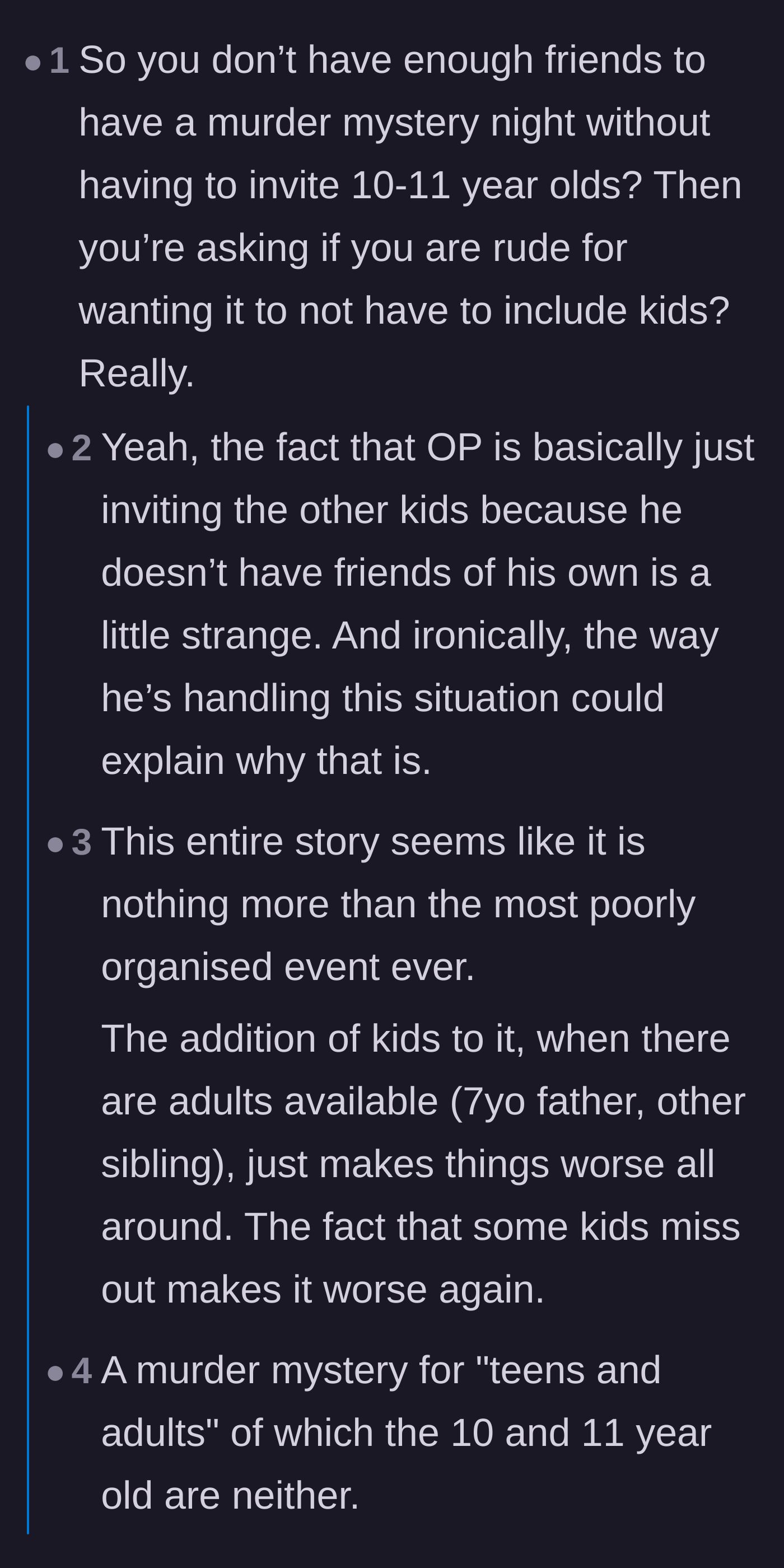 Comment thread 3 - Commenters roasting the host for lacking enough adult friends to play the game.